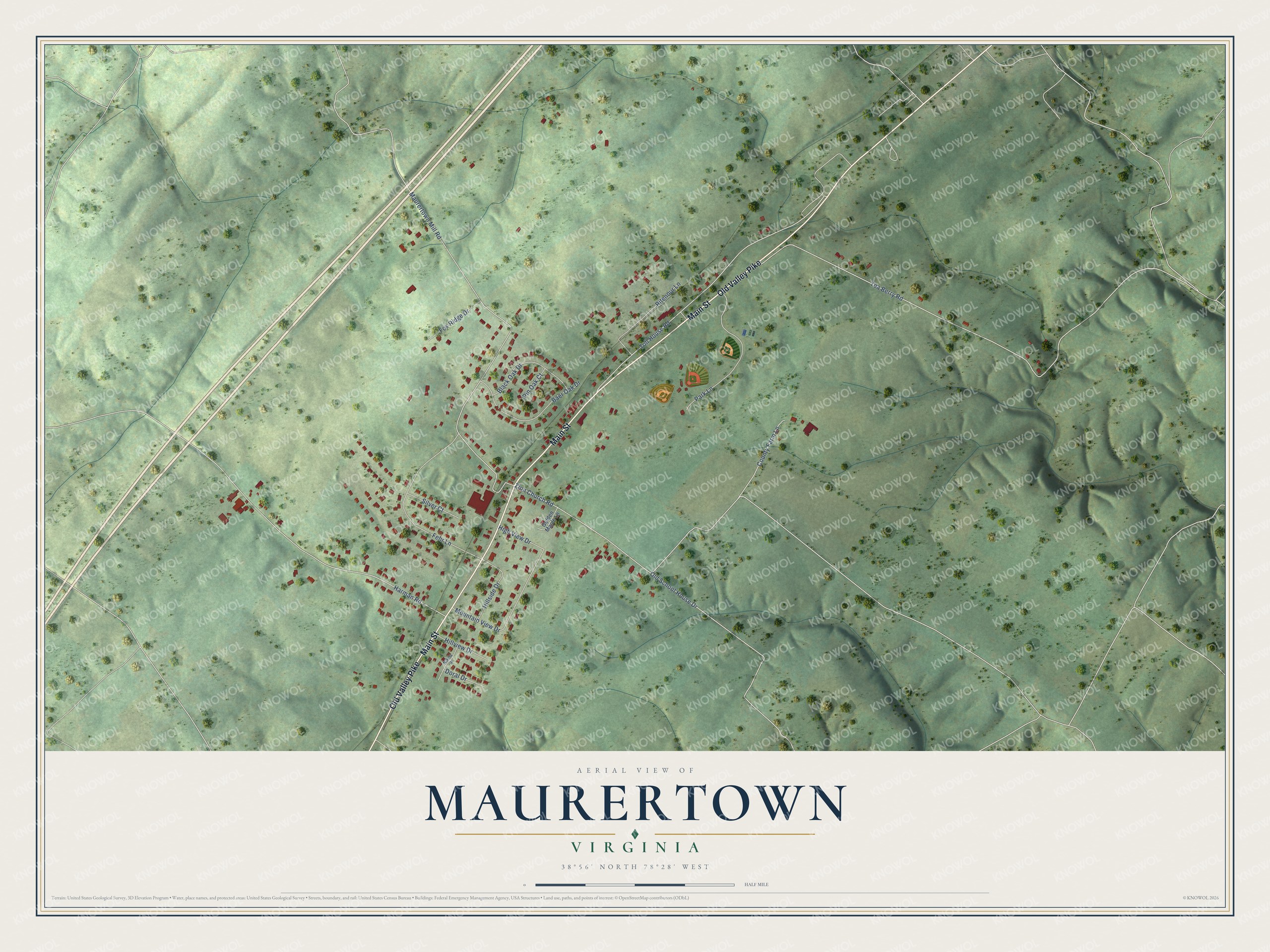 Full map of Maurertown, Virginia, with red buildings, printed street names and the land around them