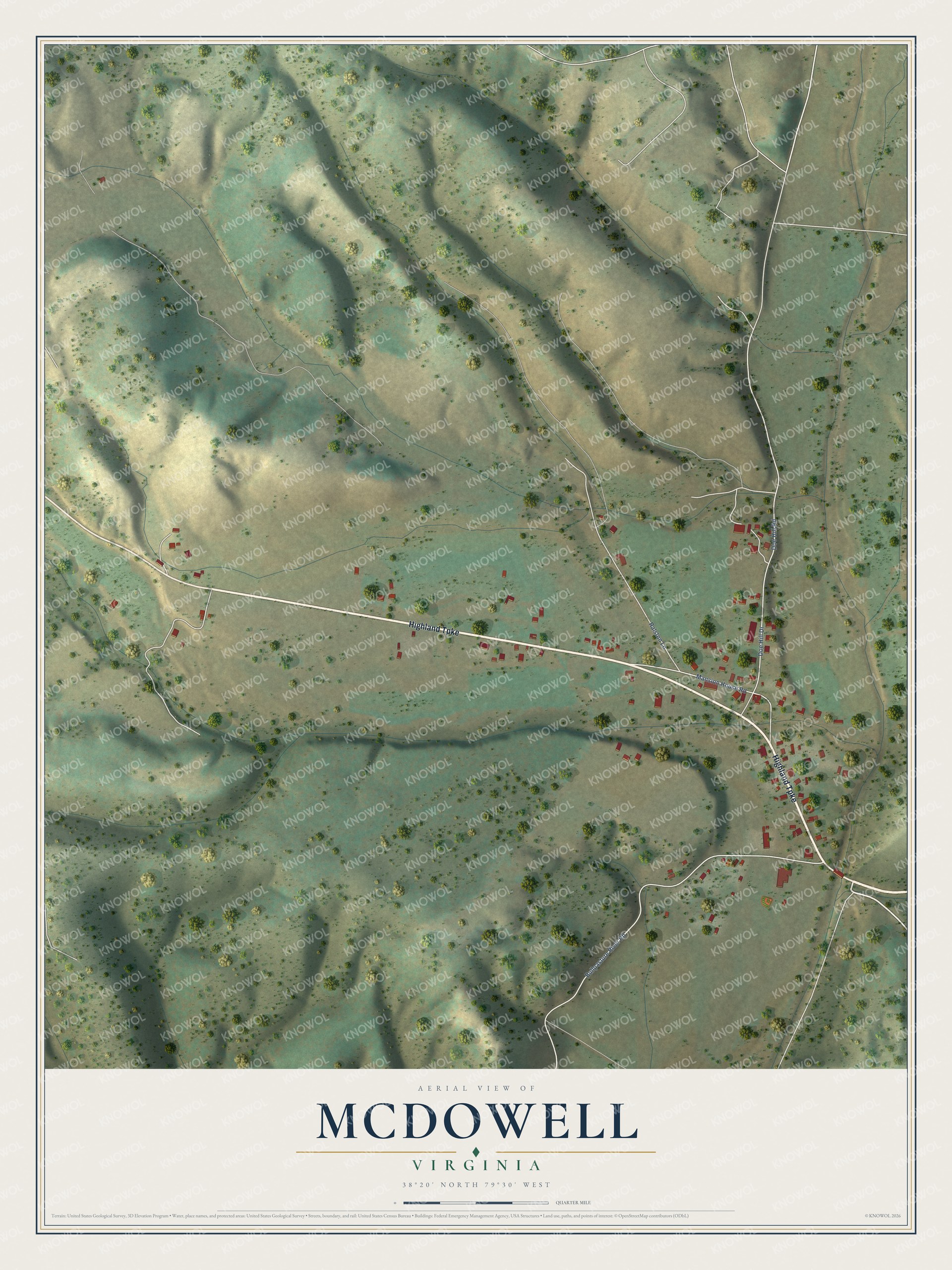 Full map of McDowell, Virginia, with red buildings, printed street names and the land around them