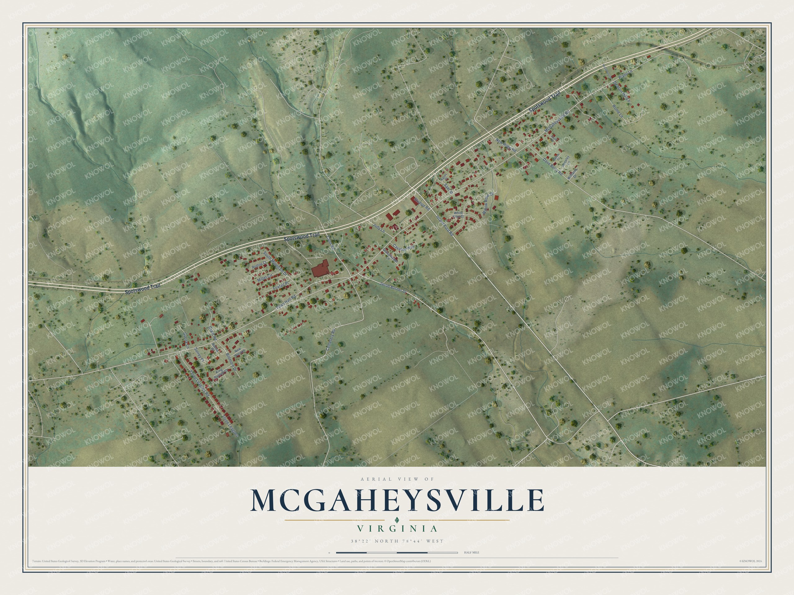 Full map of McGaheysville, Virginia, with red buildings, printed street names and the land around them