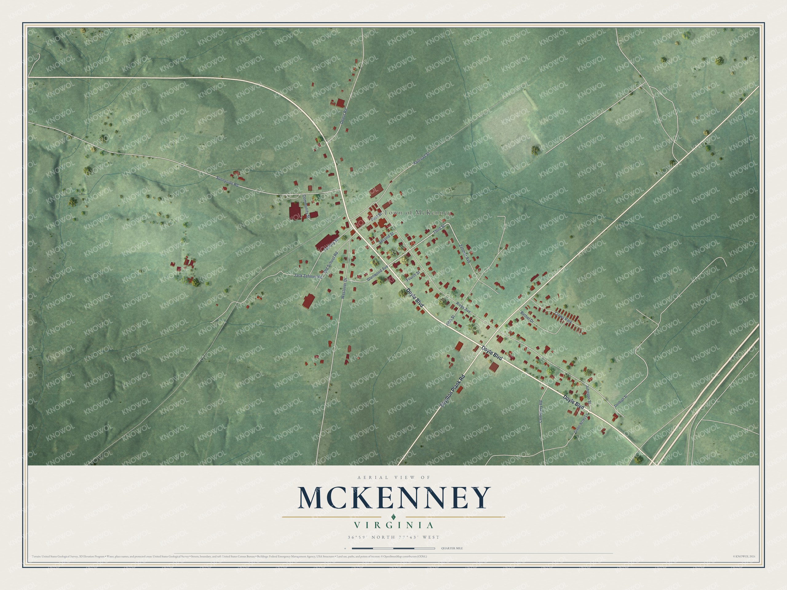 Full map of McKenney, Virginia, with red buildings, printed street names and the land around them