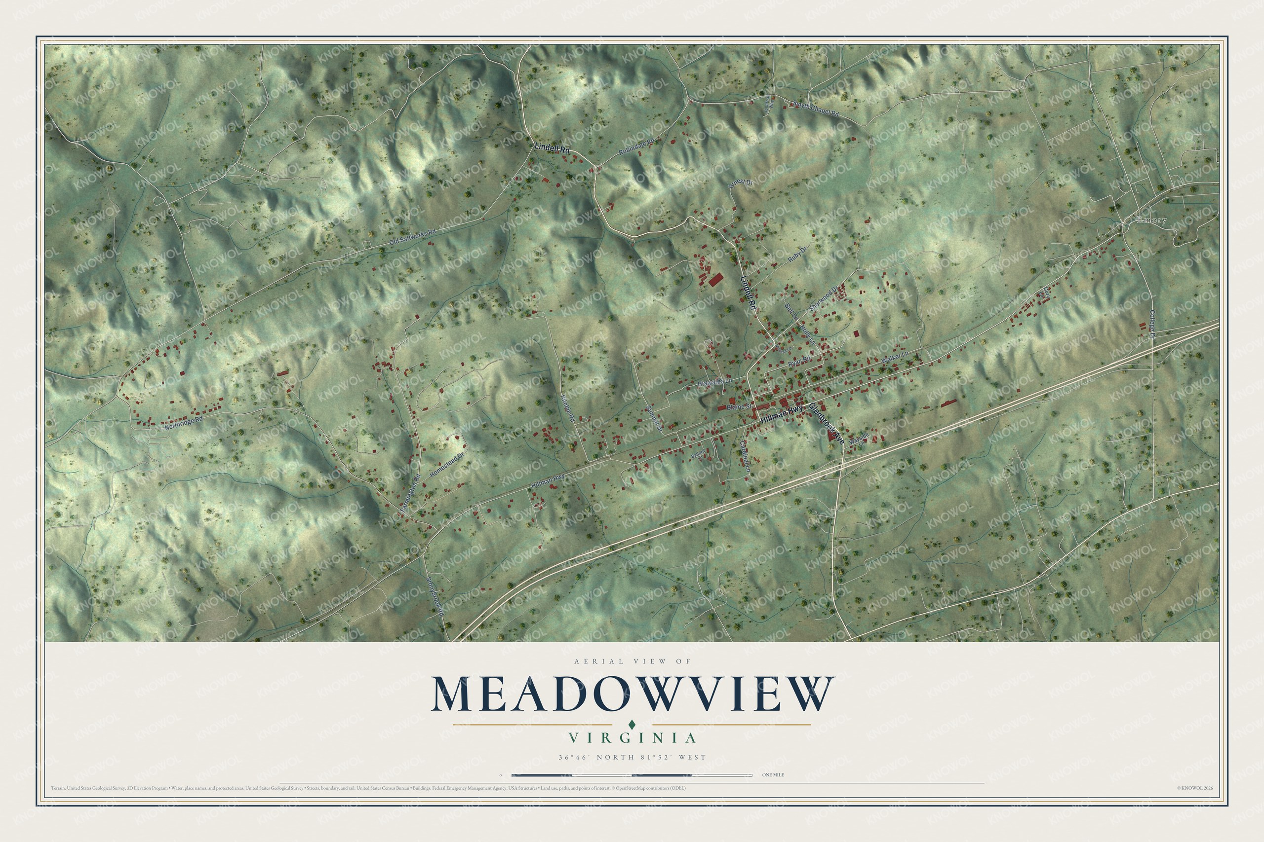 Full map of Meadowview, Virginia, with red buildings, printed street names and the land around them