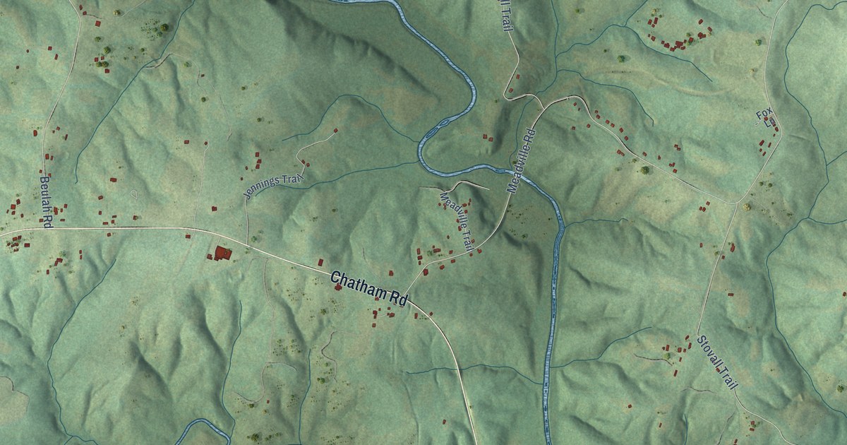 Close-up of streets and buildings in Meadville, Virginia