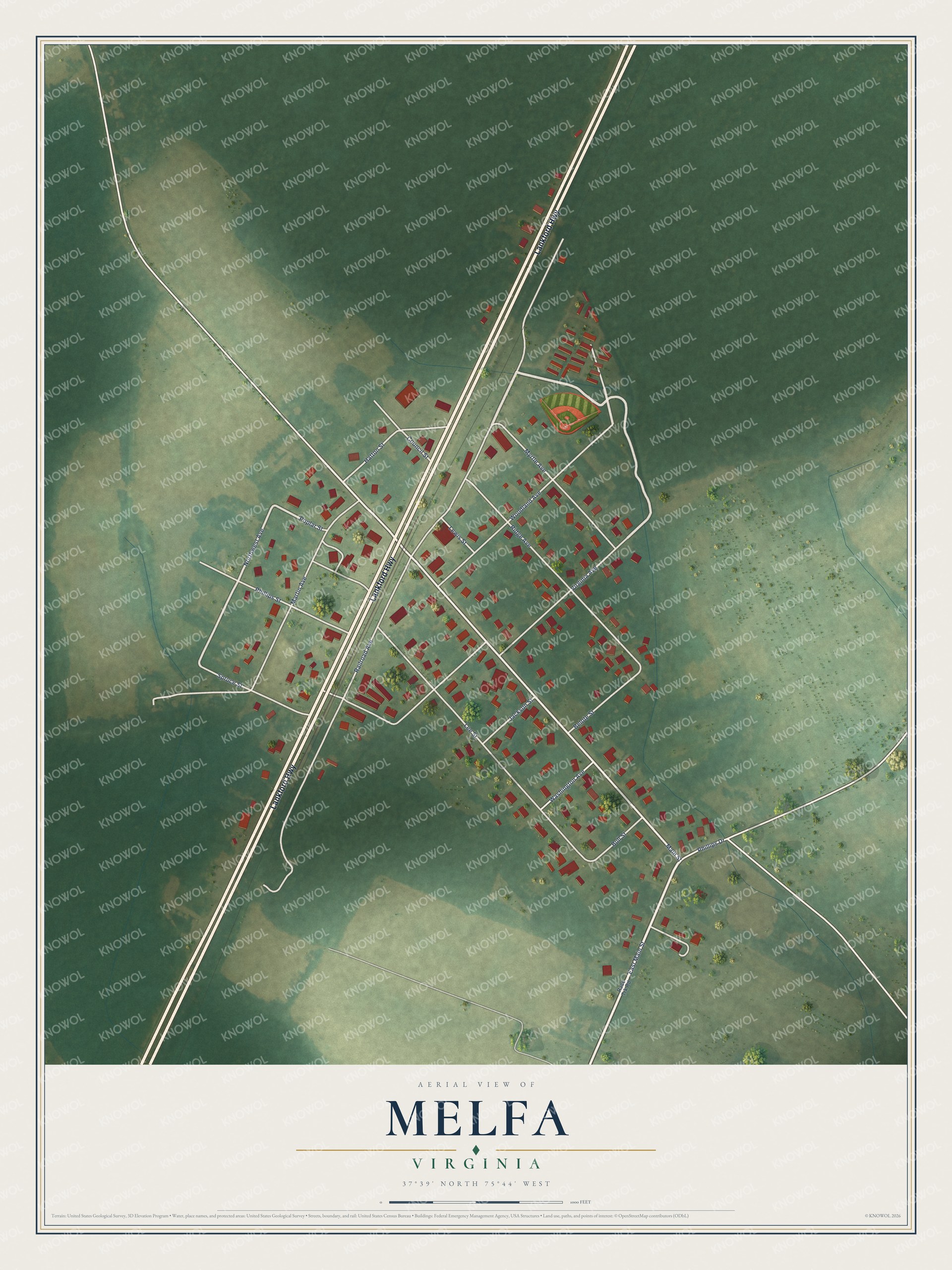 Full map of Melfa, Virginia, with red buildings, printed street names and the land around them