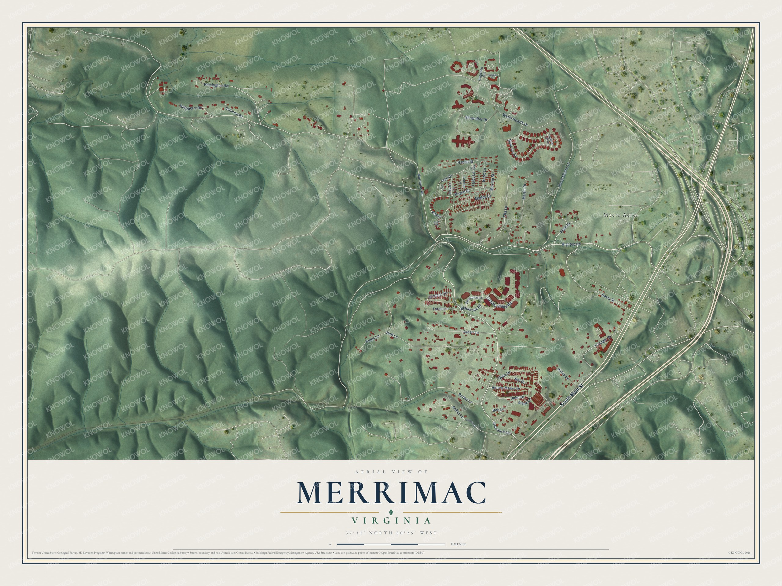 Full map of Merrimac, Virginia, with red buildings, printed street names and the land around them