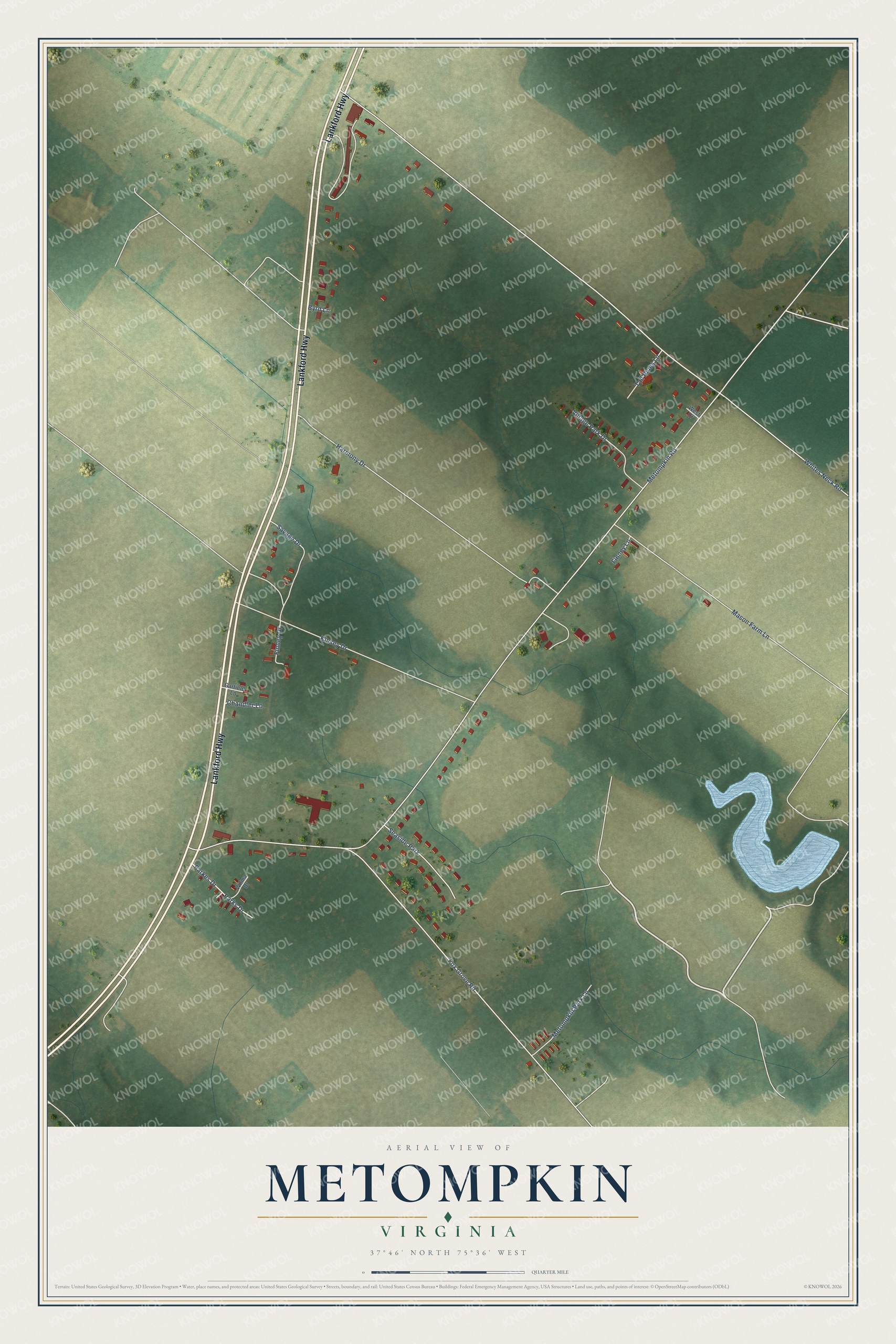 Full map of Metompkin, Virginia, with red buildings, printed street names and the land around them