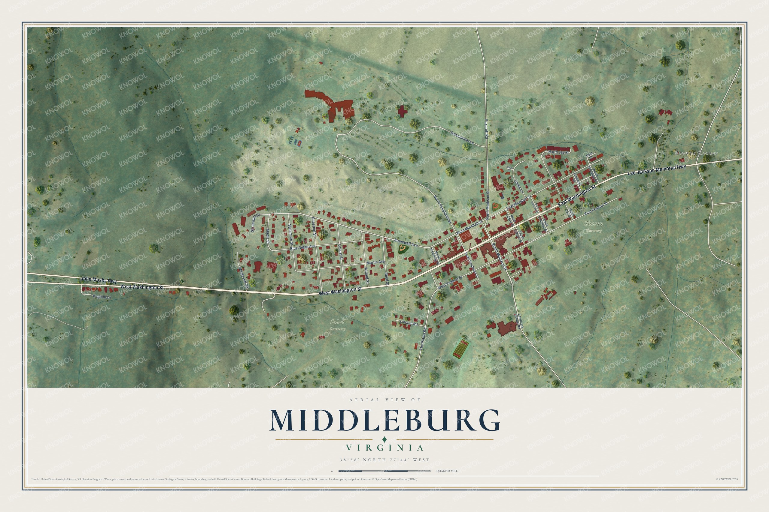 Full map of Middleburg, Virginia, with red buildings, printed street names and the land around them