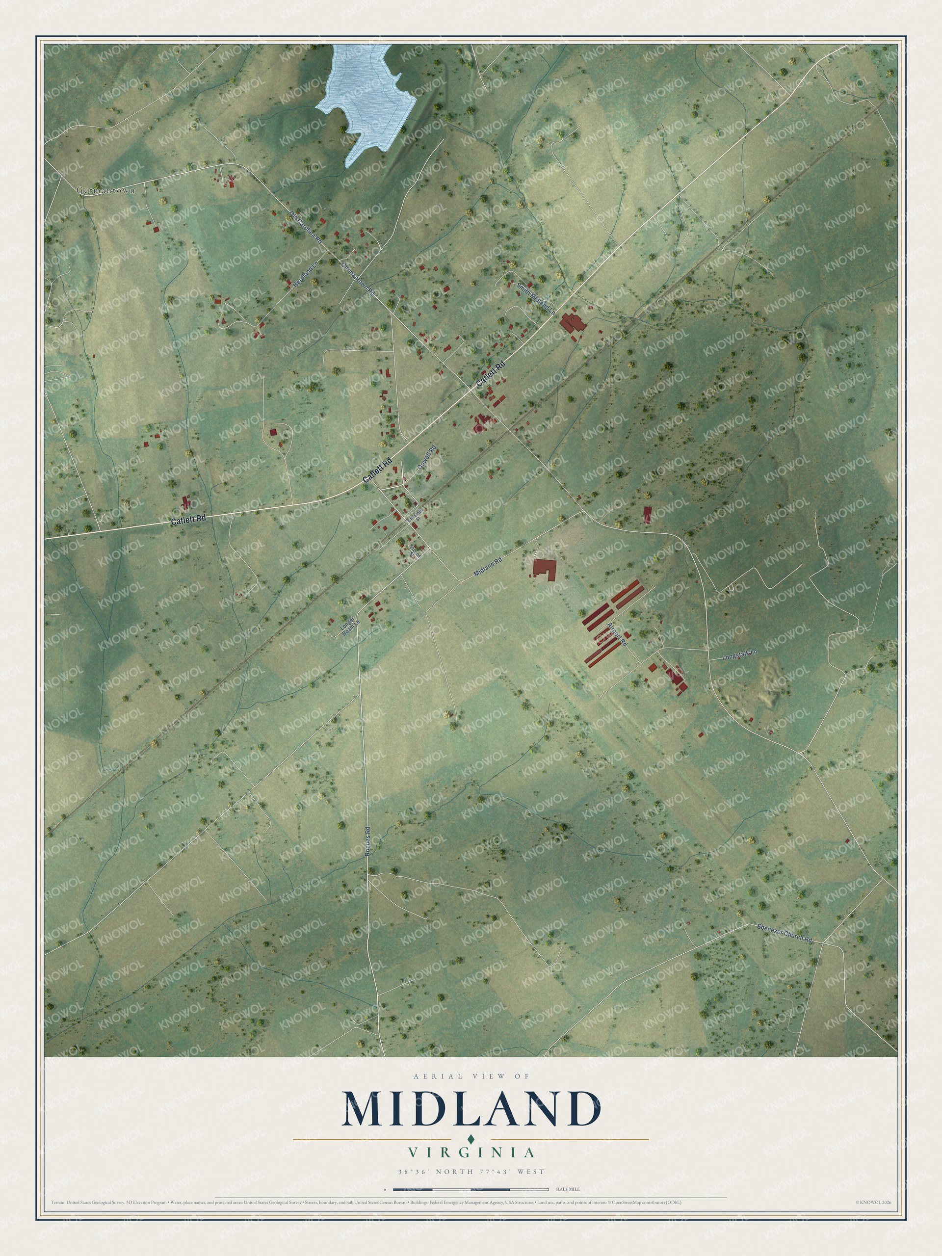 Full map of Midland, Virginia, with red buildings, printed street names and the land around them