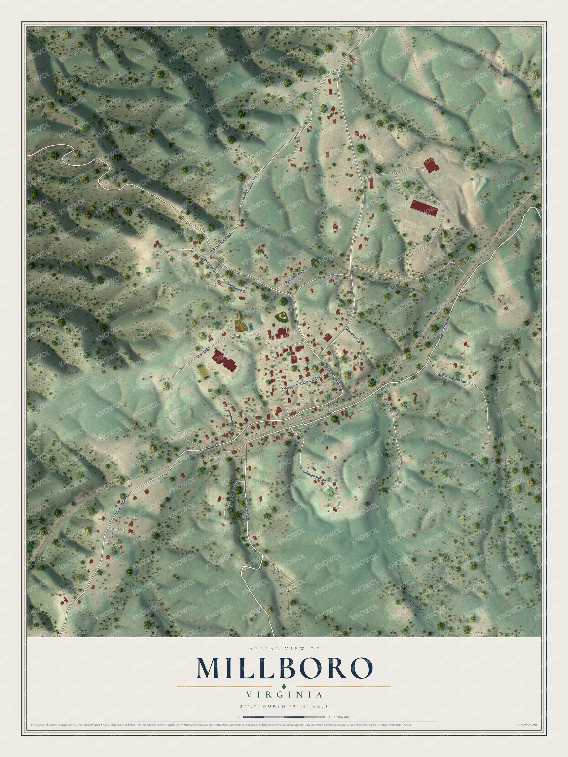 Full map of Millboro, Virginia, with red buildings, printed street names and the land around them