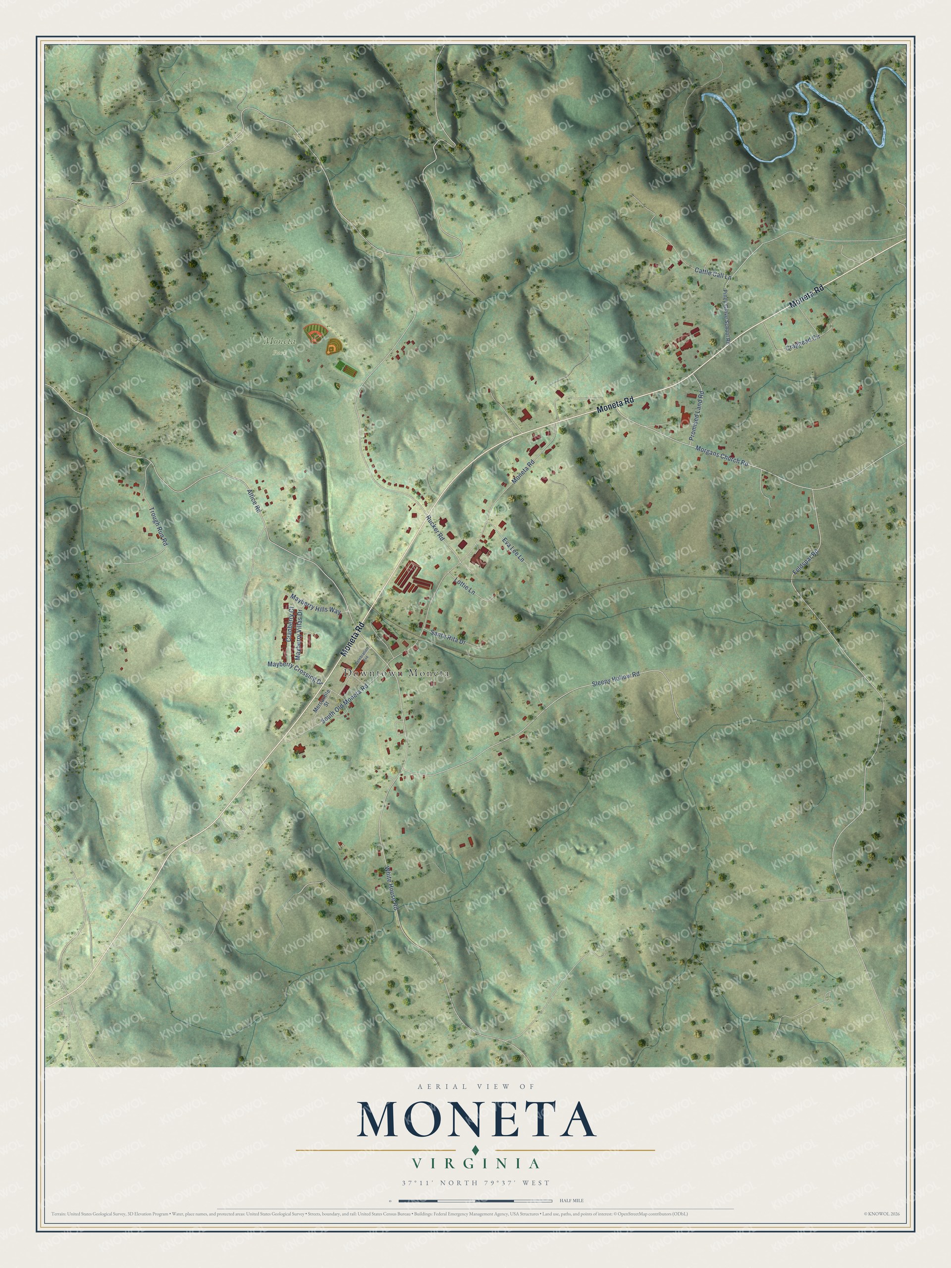 Full map of Moneta, Virginia, with red buildings, printed street names and the land around them