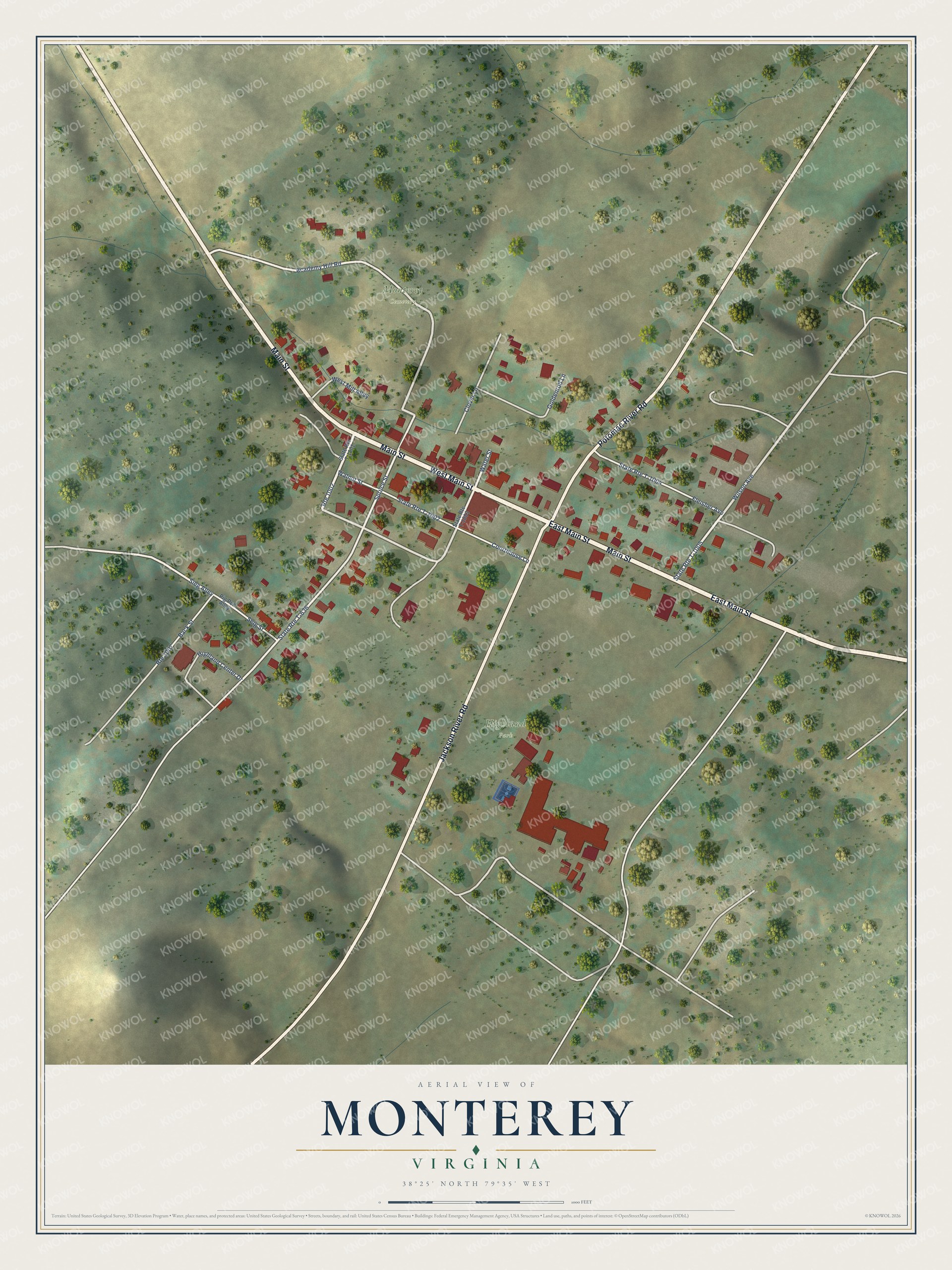 Full map of Monterey, Virginia, with red buildings, printed street names and the land around them