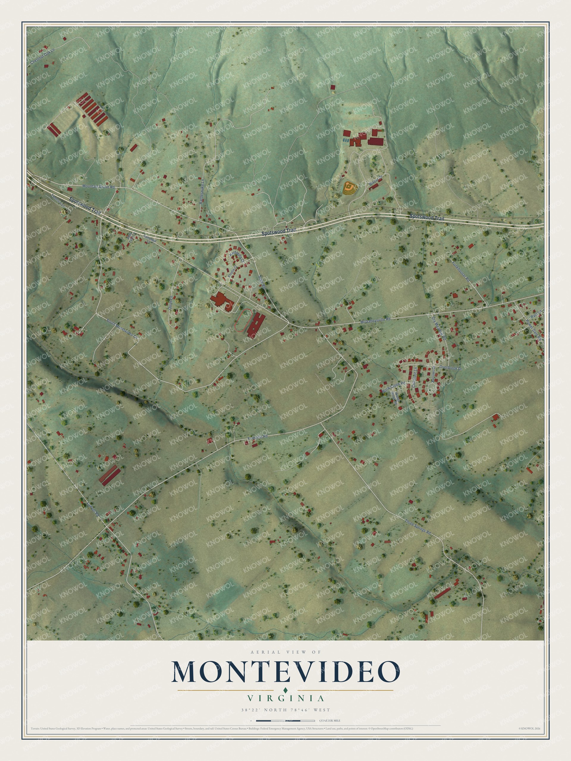 Full map of Montevideo, Virginia, with red buildings, printed street names and the land around them