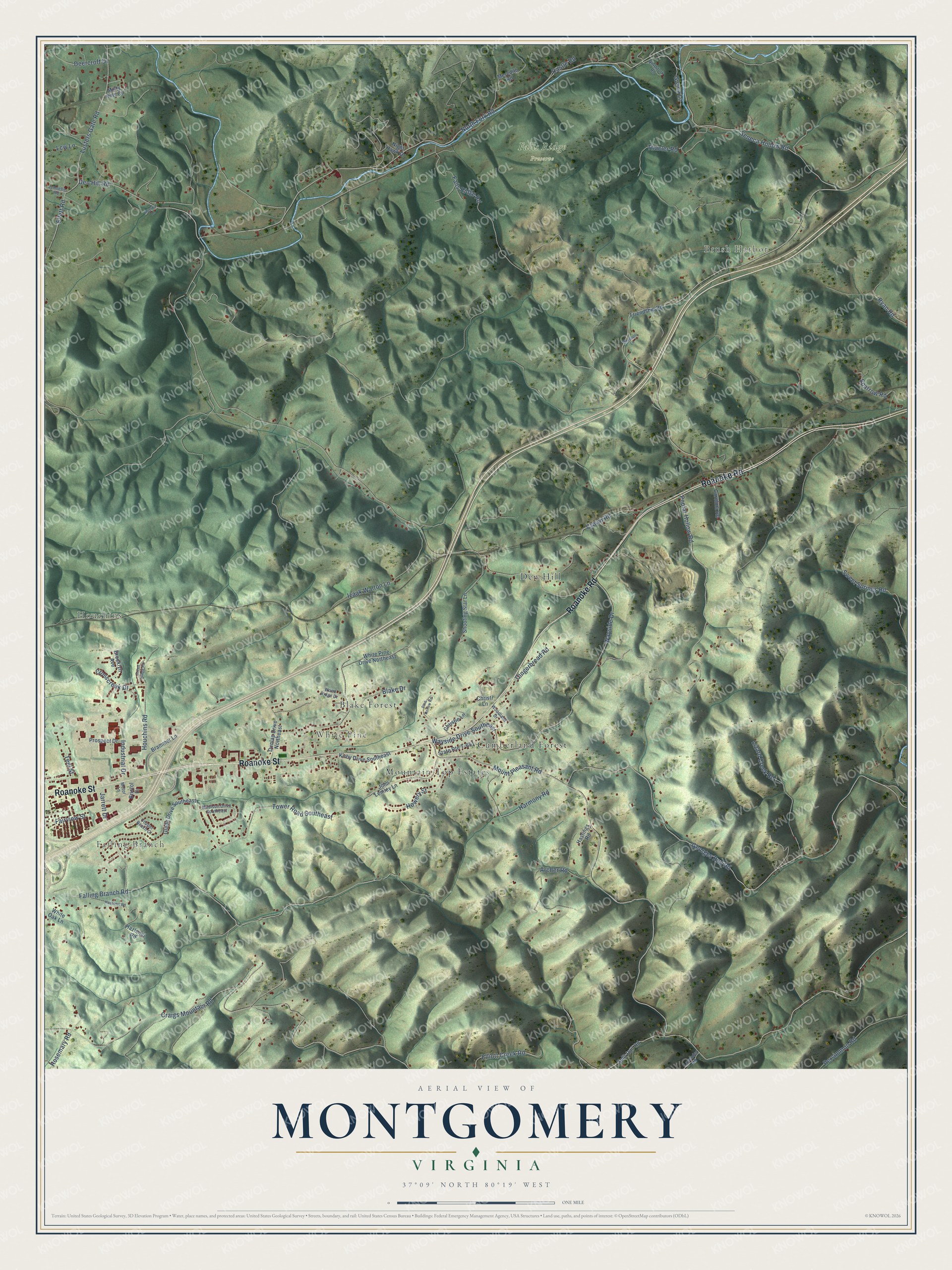 Full map of Montgomery, Virginia, with red buildings, printed street names and the land around them