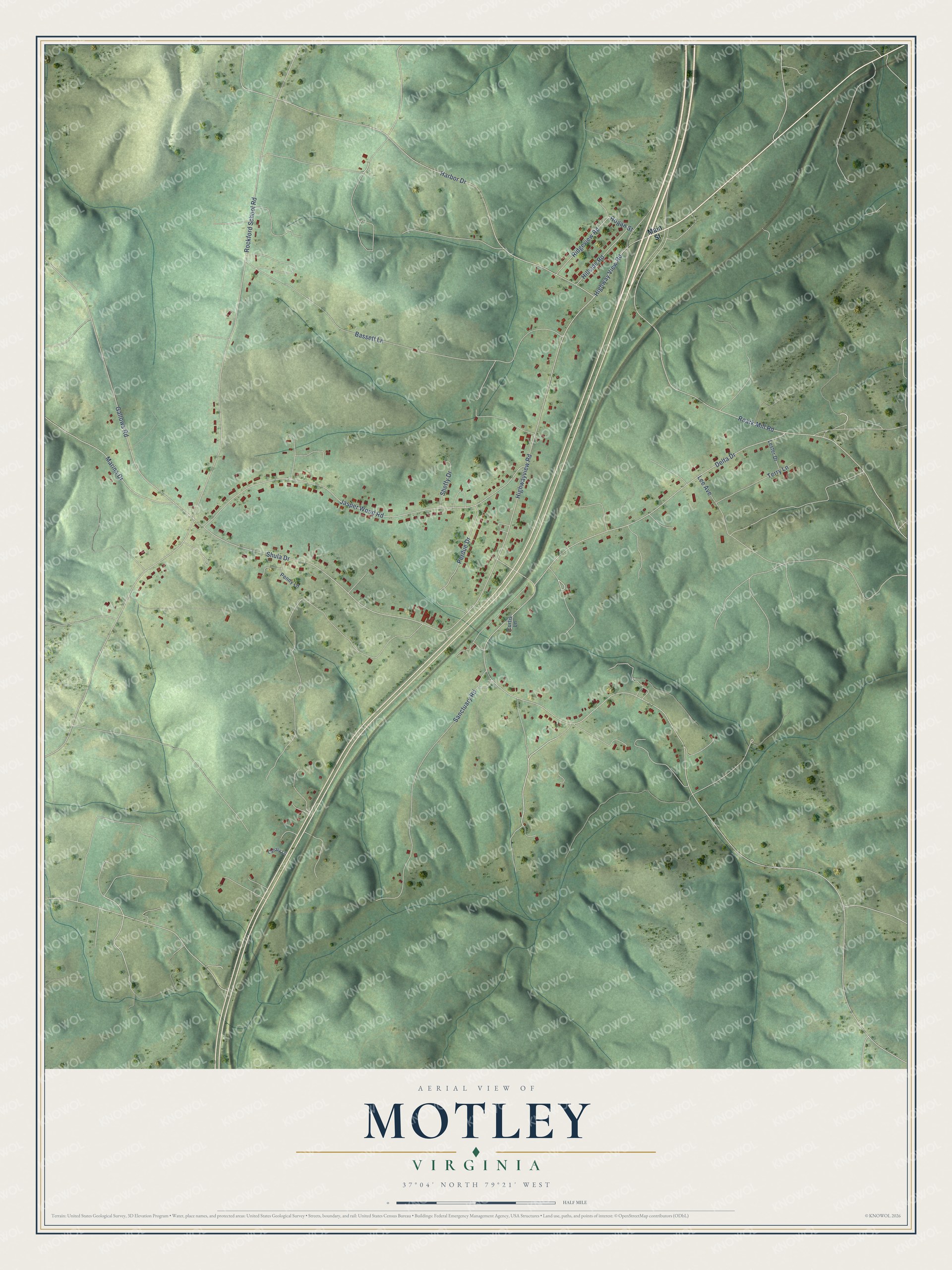 Full map of Motley, Virginia, with red buildings, printed street names and the land around them
