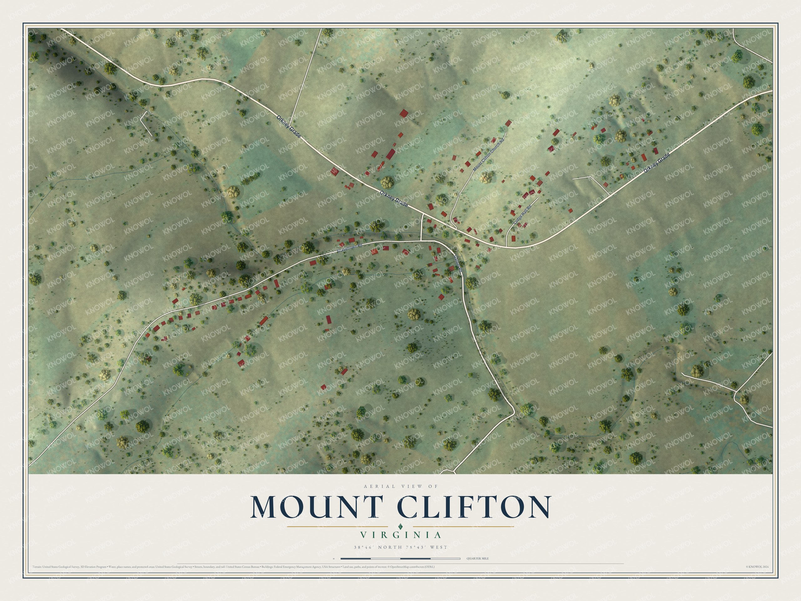 Full map of Mount Clifton, Virginia, with red buildings, printed street names and the land around them