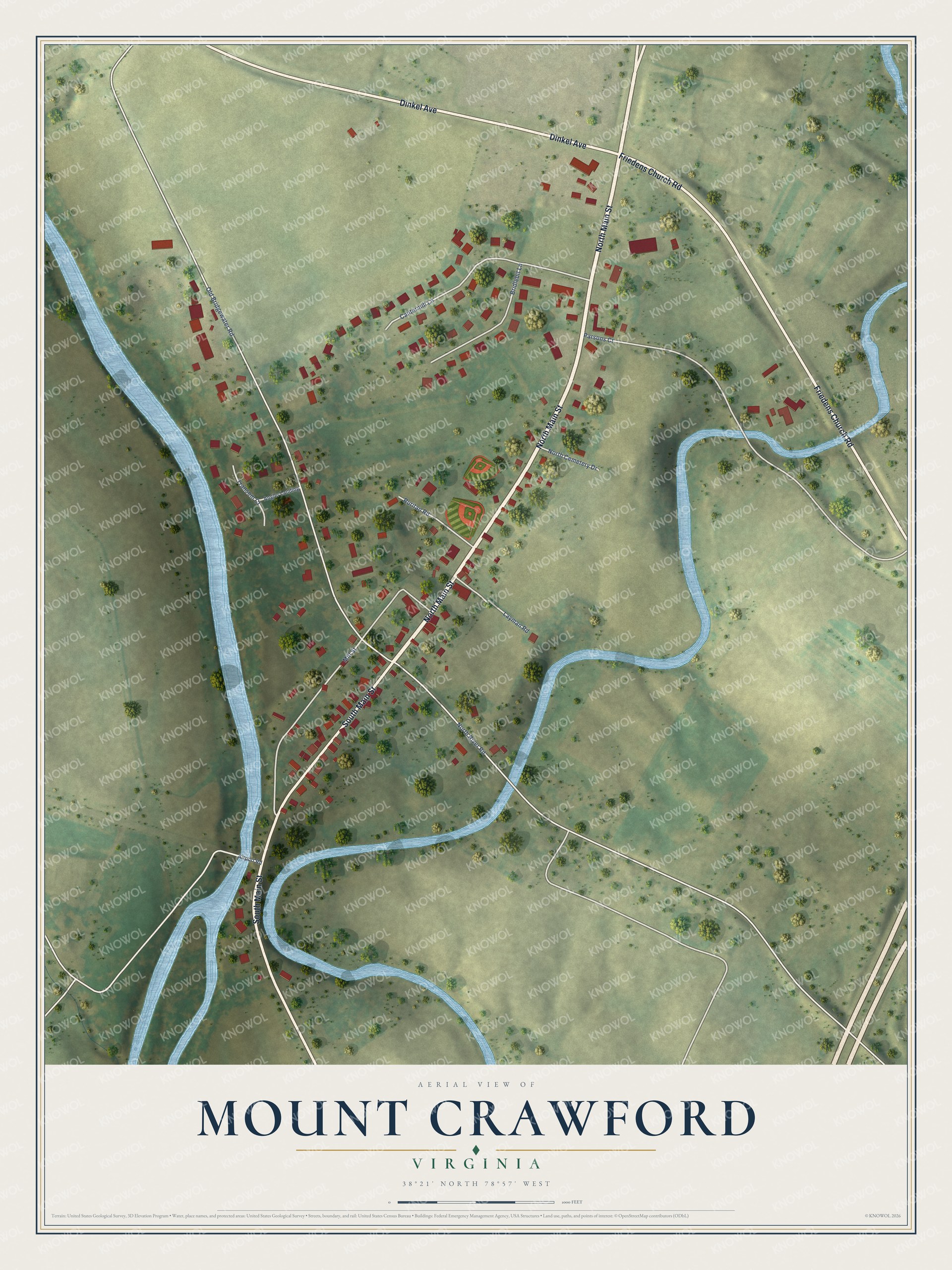 Full map of Mount Crawford, Virginia, with red buildings, printed street names and the land around them