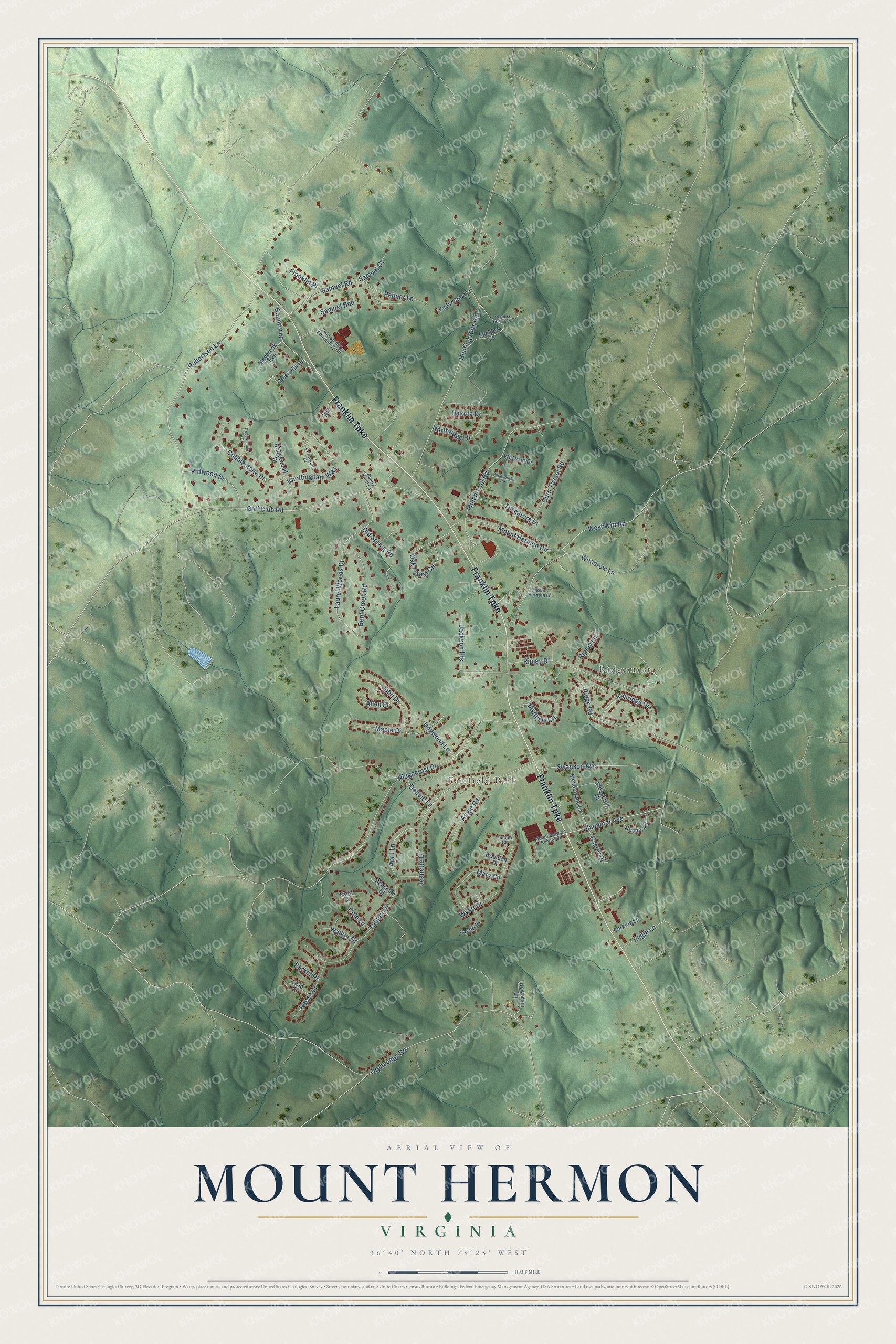 Full map of Mount Hermon, Virginia, with red buildings, printed street names and the land around them
