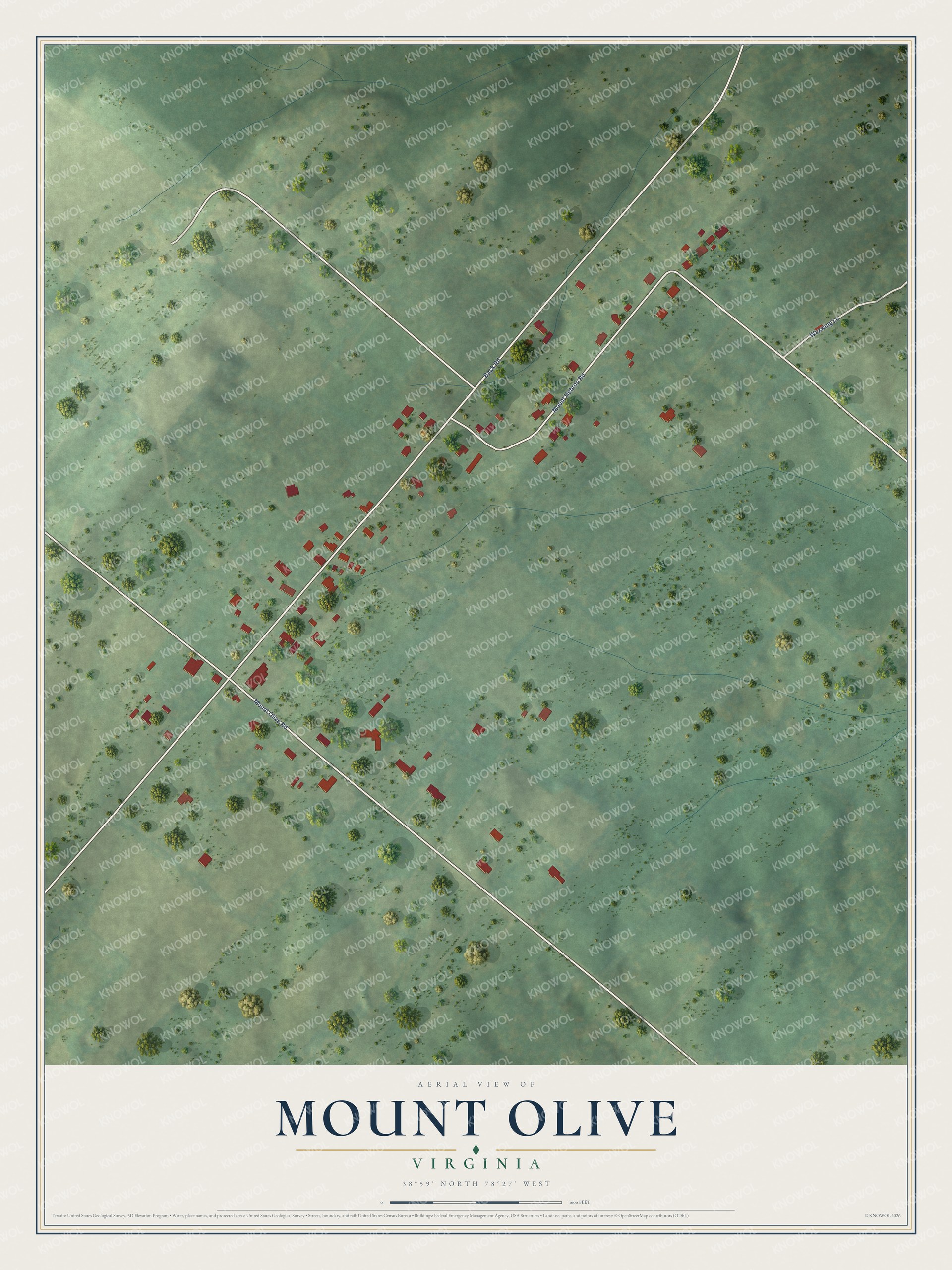 Full map of Mount Olive, Virginia, with red buildings, printed street names and the land around them