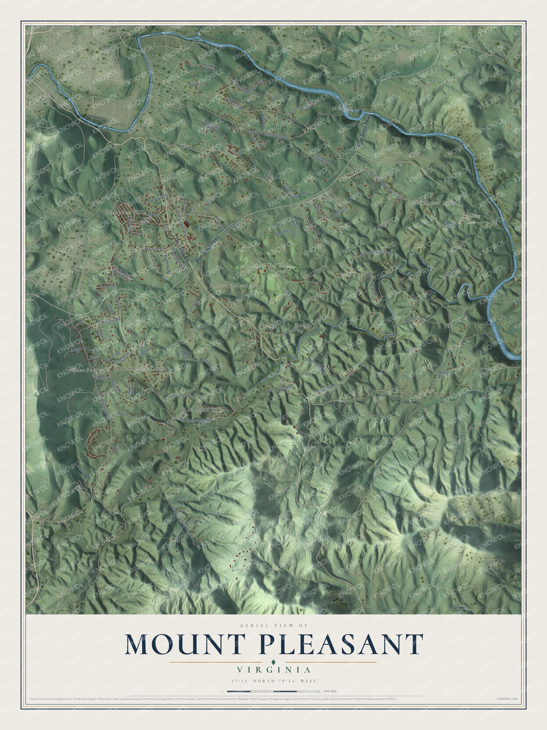 Full map of Mount Pleasant, Virginia, with red buildings, printed street names and the land around them