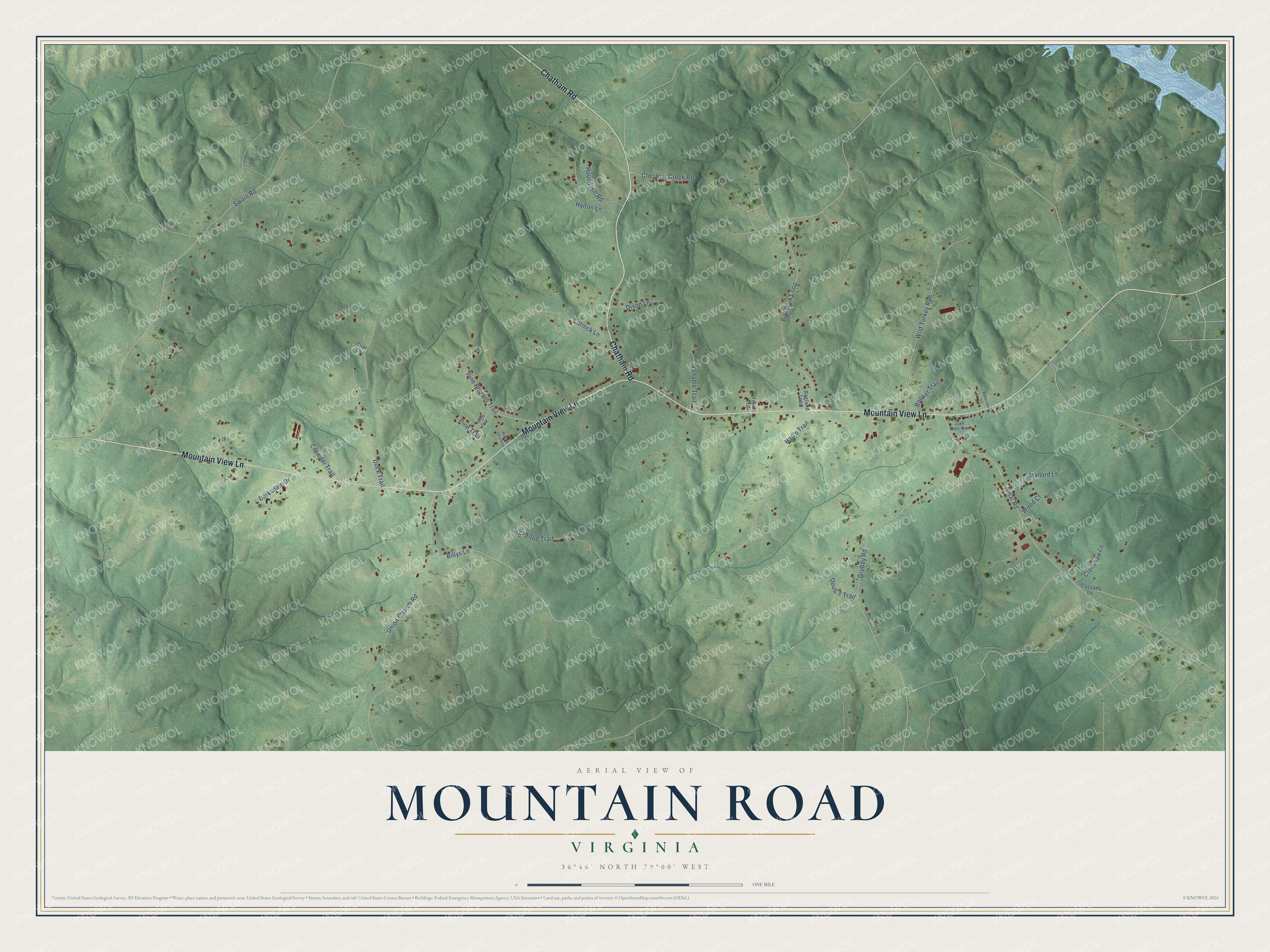 Full map of Mountain Road, Virginia, with red buildings, printed street names and the land around them