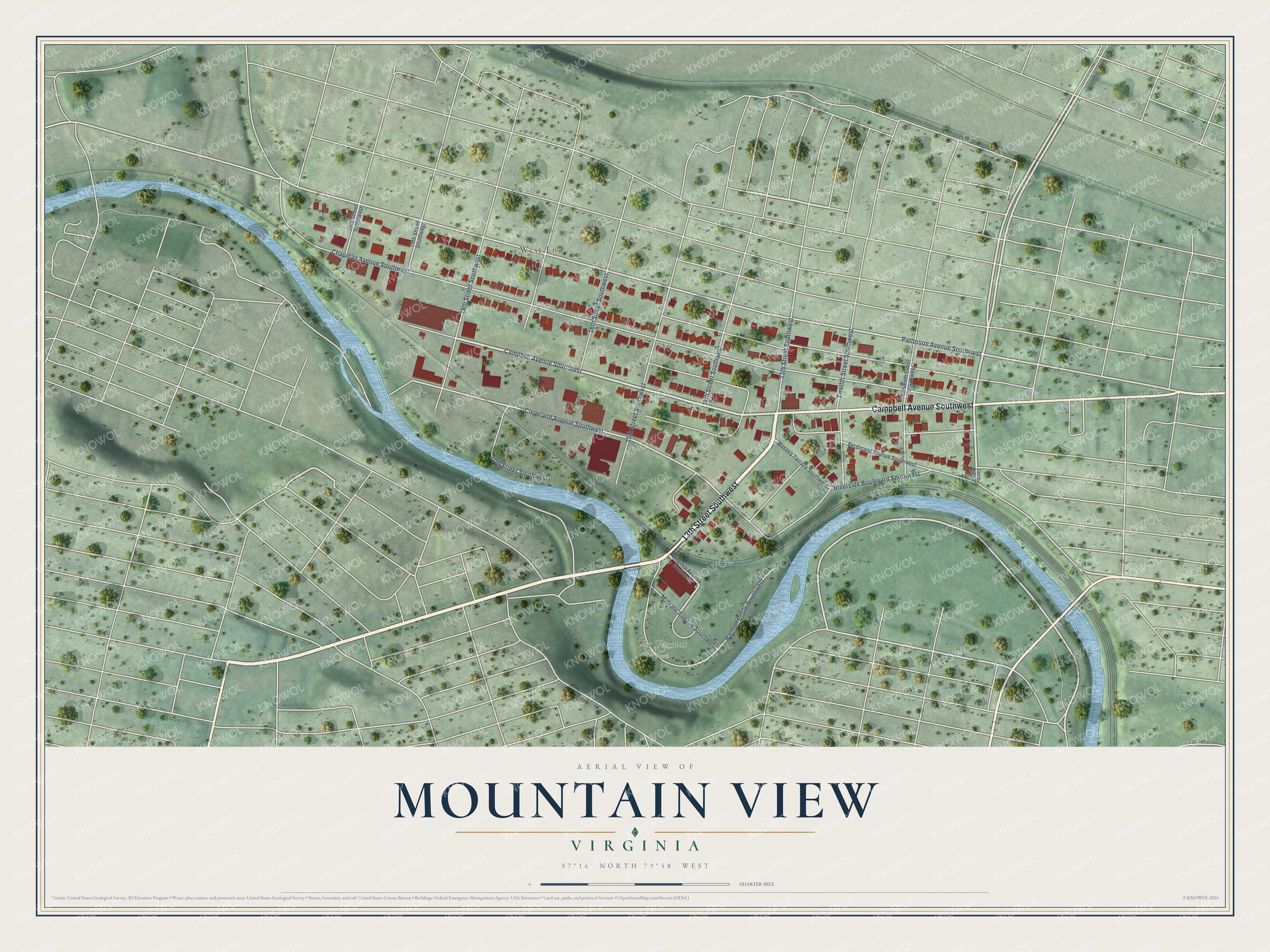 Full map of Mountain View, Virginia, with red buildings, printed street names and the land around them