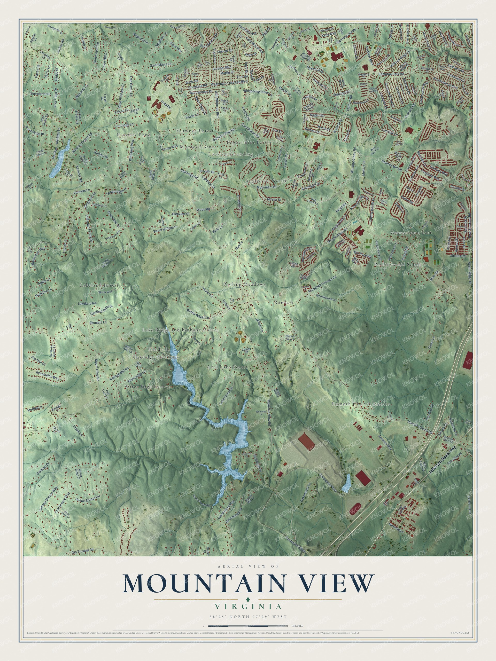 Full map of Mountain View, Virginia, with red buildings, printed street names and the land around them