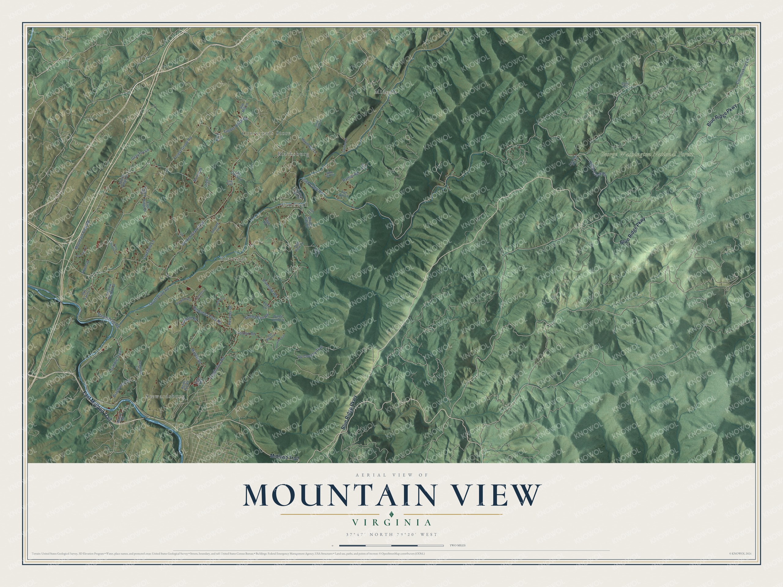 Full map of Mountain View, Virginia, with red buildings, printed street names and the land around them