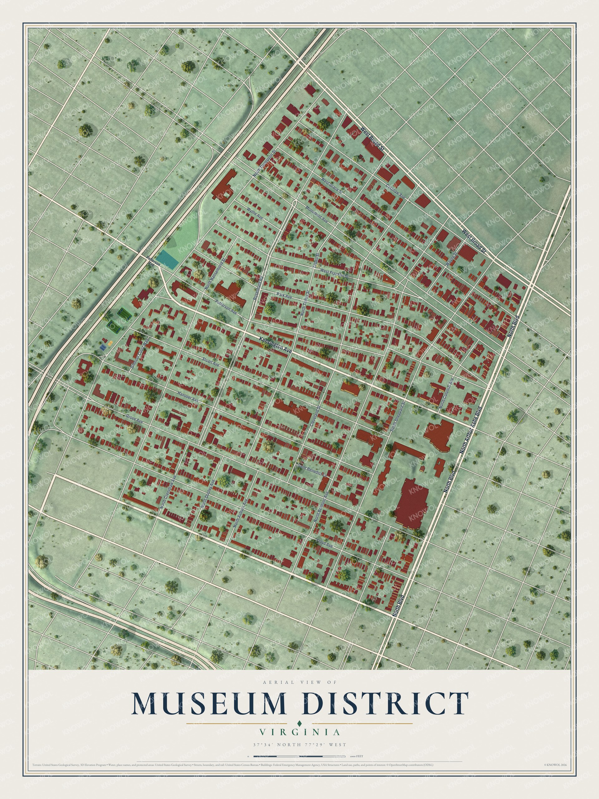 Full map of Museum District, Virginia, with red buildings, printed street names and the land around them