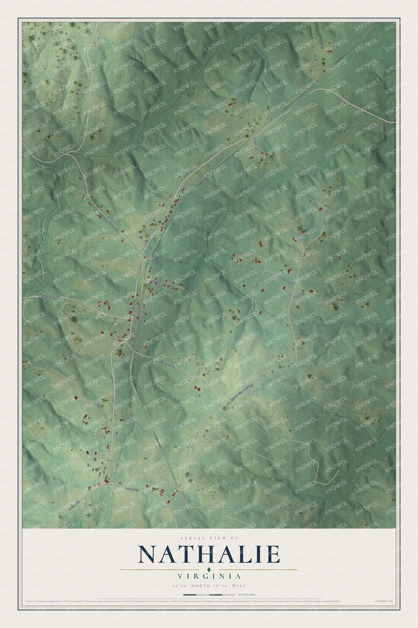 Full map of Nathalie, Virginia, with red buildings, printed street names and the land around them