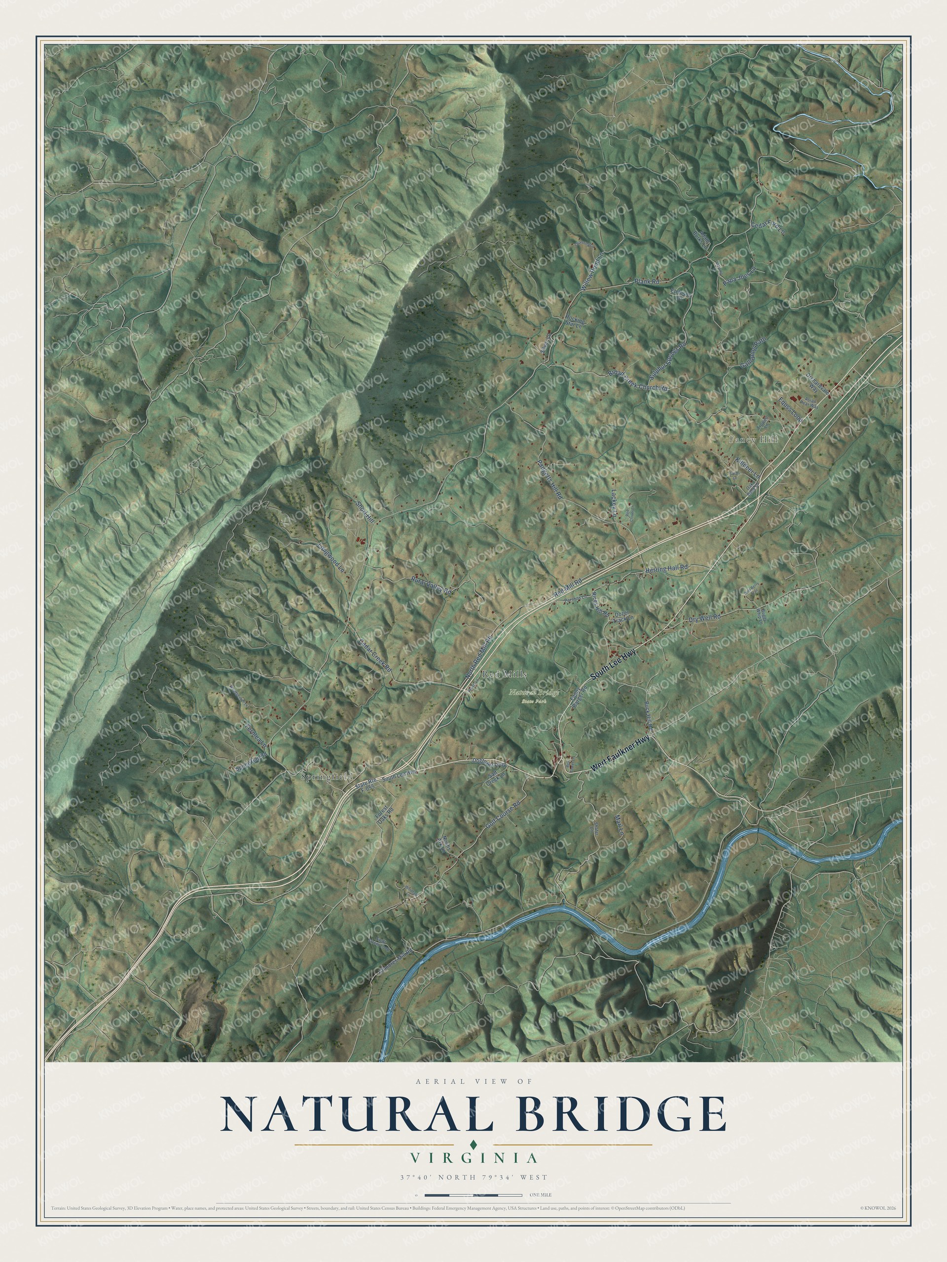 Full map of Natural Bridge, Virginia, with red buildings, printed street names and the land around them