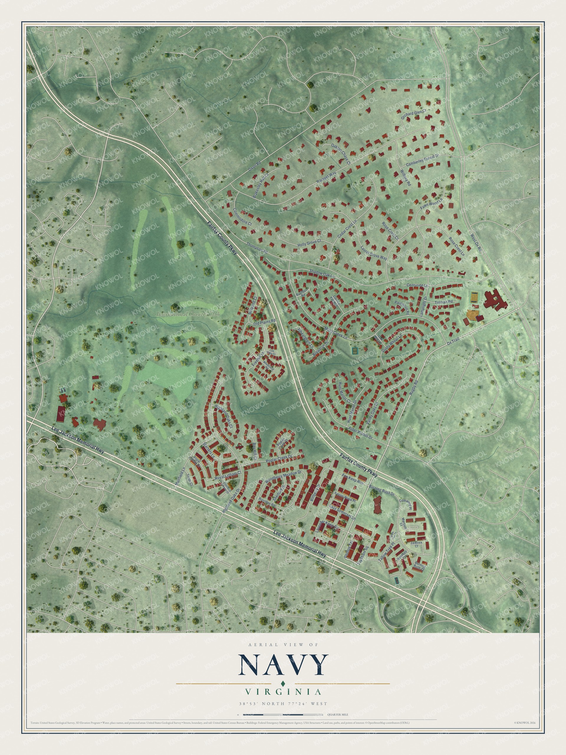 Full map of Navy, Virginia, with red buildings, printed street names and the land around them