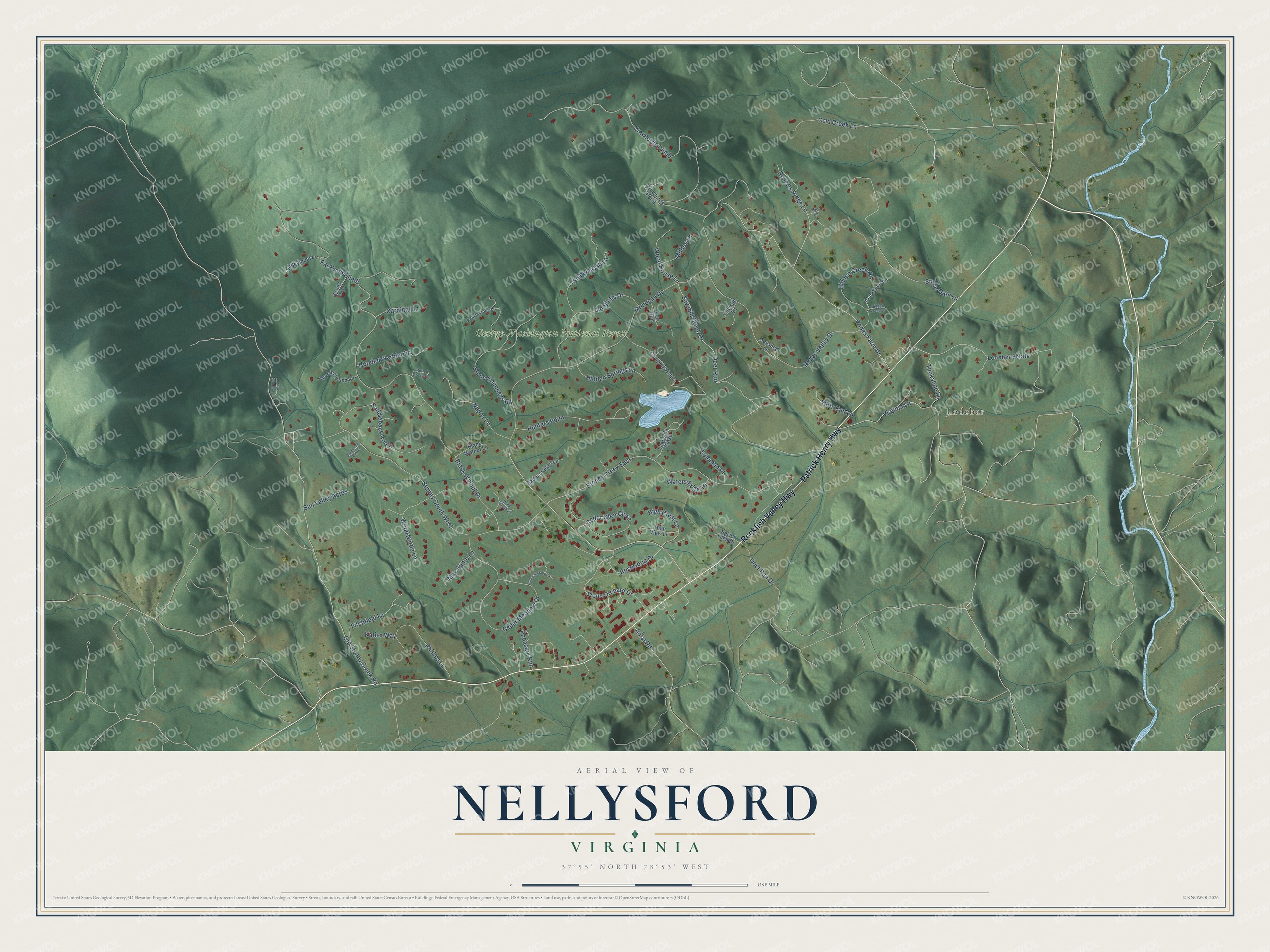 Full map of Nellysford, Virginia, with red buildings, printed street names and the land around them