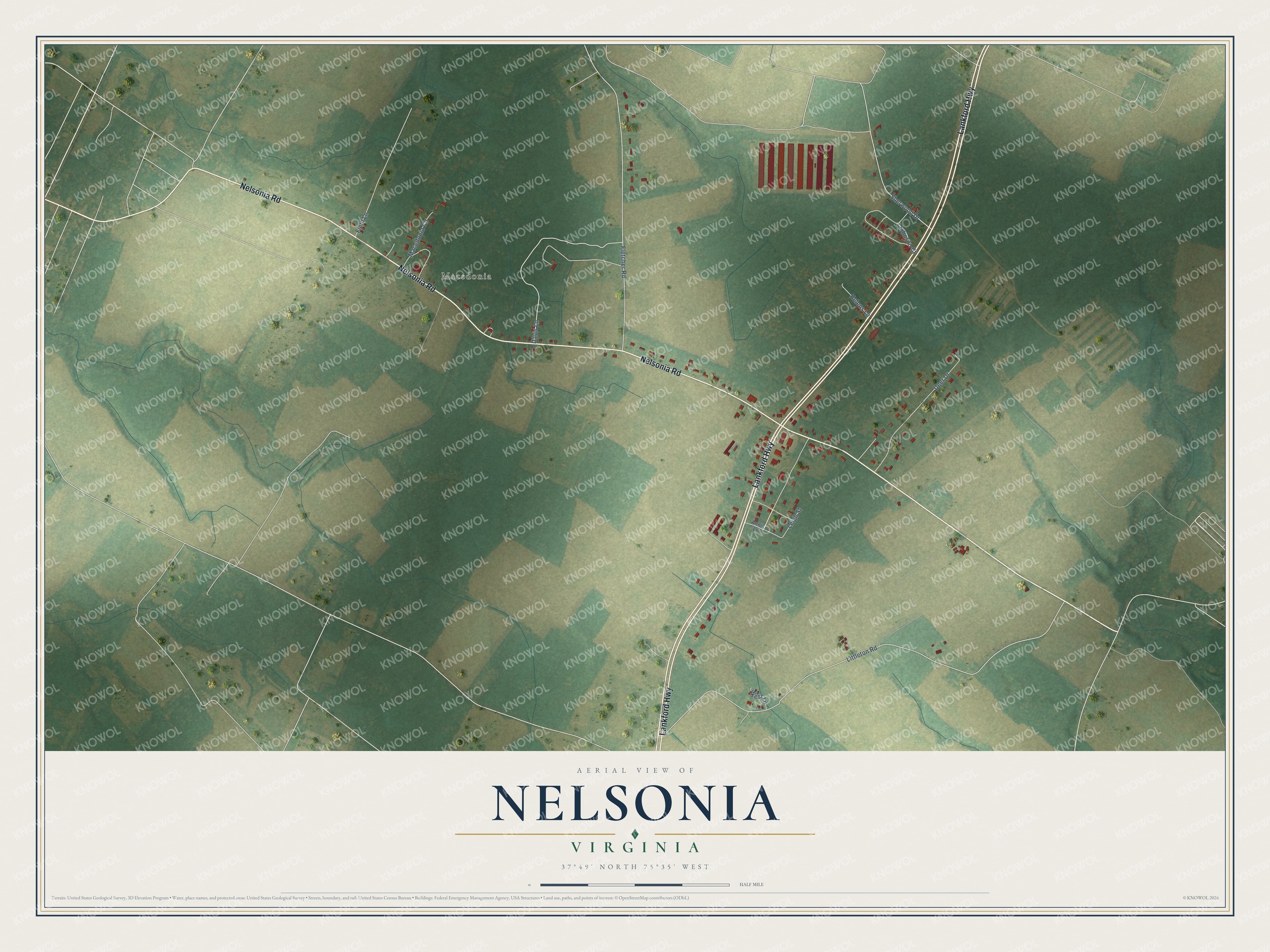 Full map of Nelsonia, Virginia, with red buildings, printed street names and the land around them