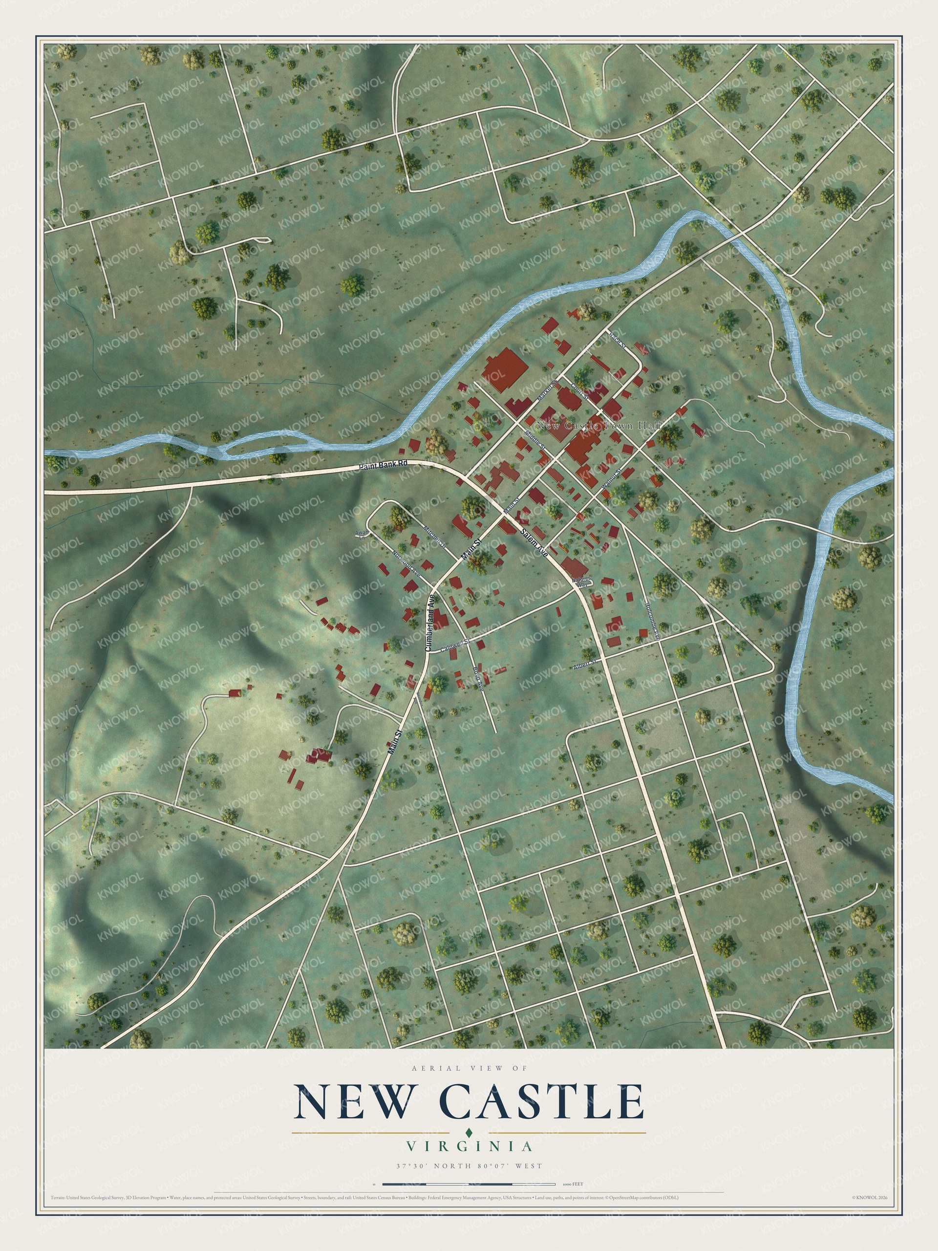 Full map of New Castle, Virginia, with red buildings, printed street names and the land around them