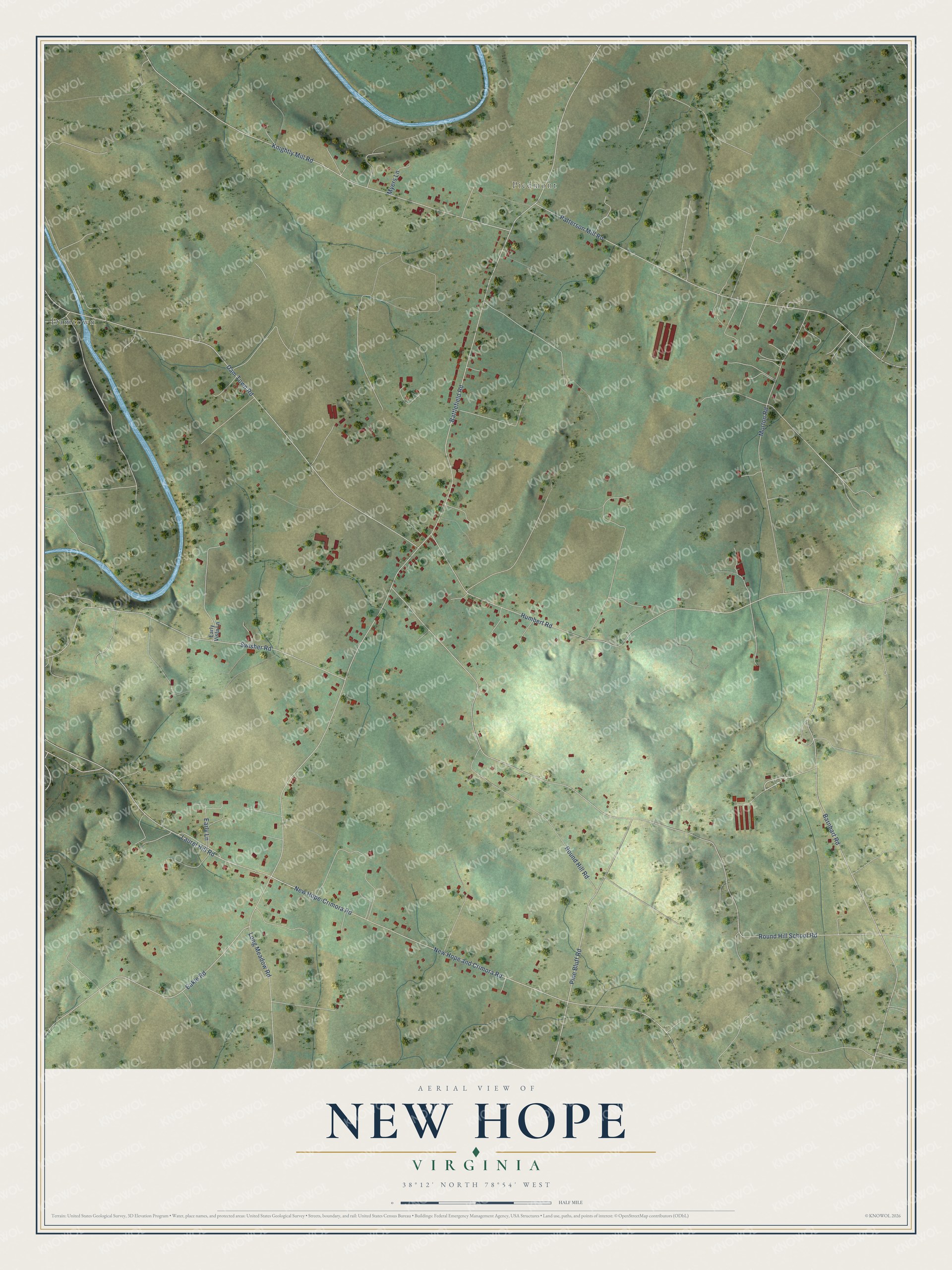 Full map of New Hope, Virginia, with red buildings, printed street names and the land around them