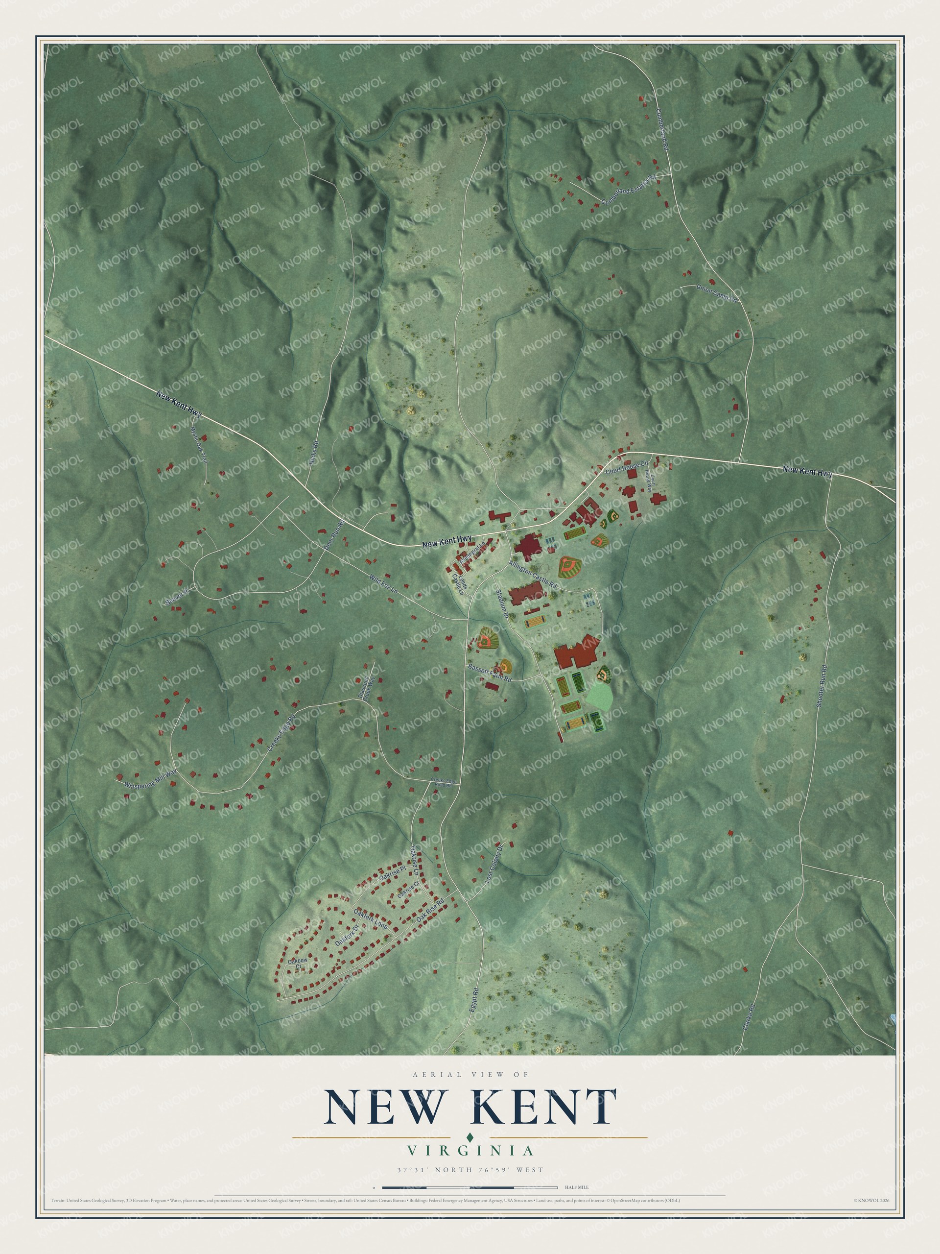 Full map of New Kent, Virginia, with red buildings, printed street names and the land around them