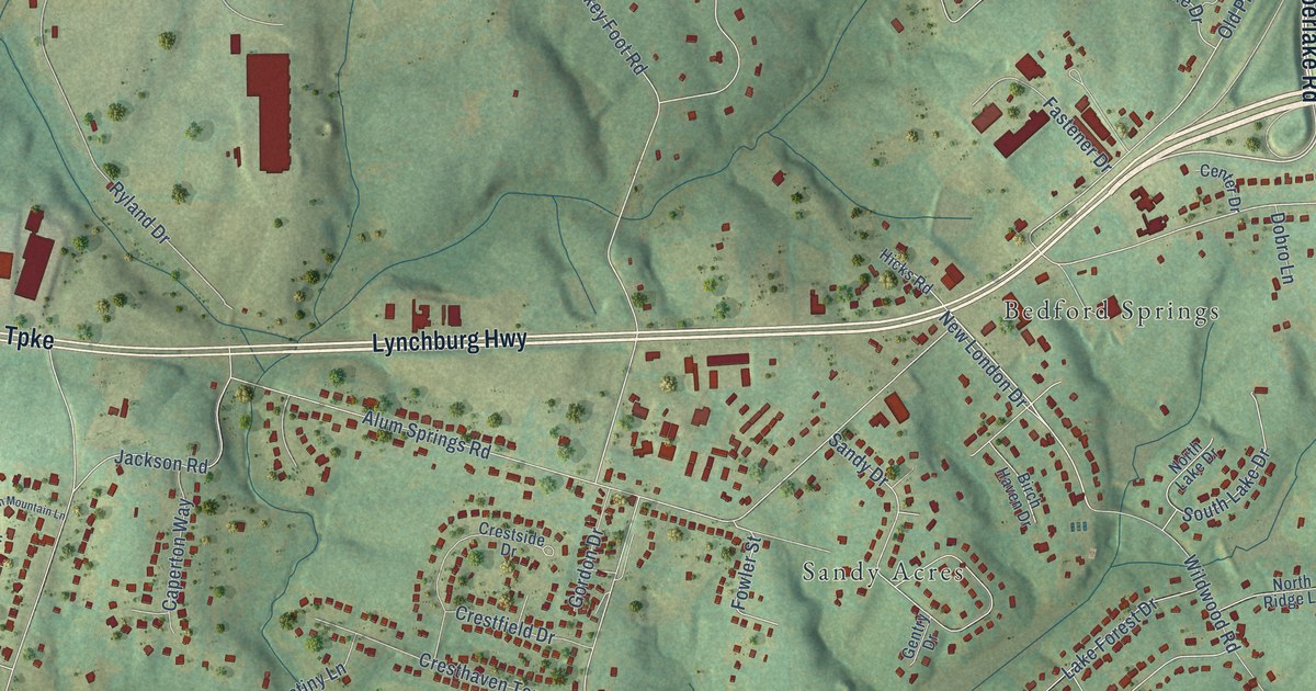 Close-up of streets and buildings in New London, Virginia