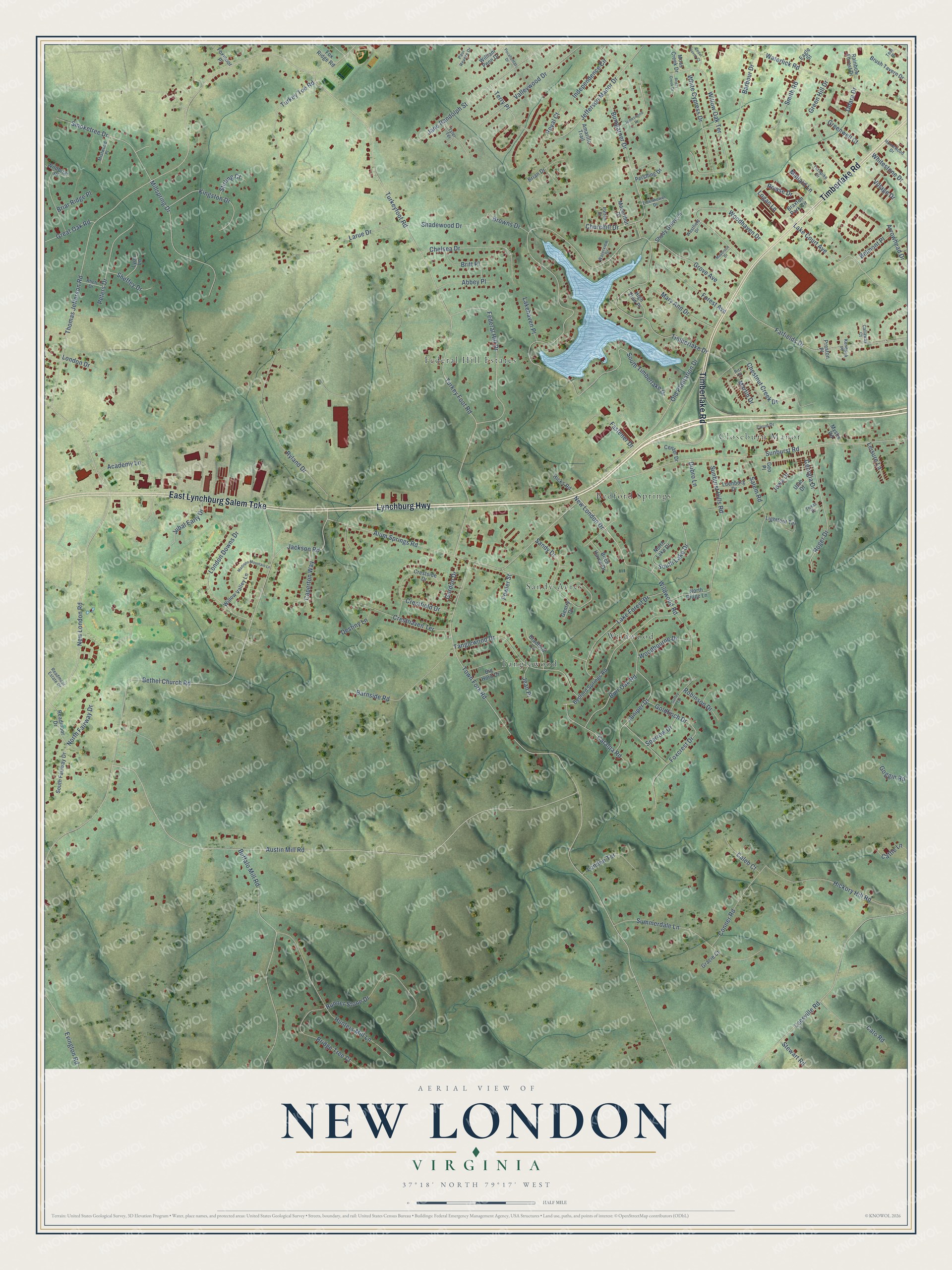 Full map of New London, Virginia, with red buildings, printed street names and the land around them