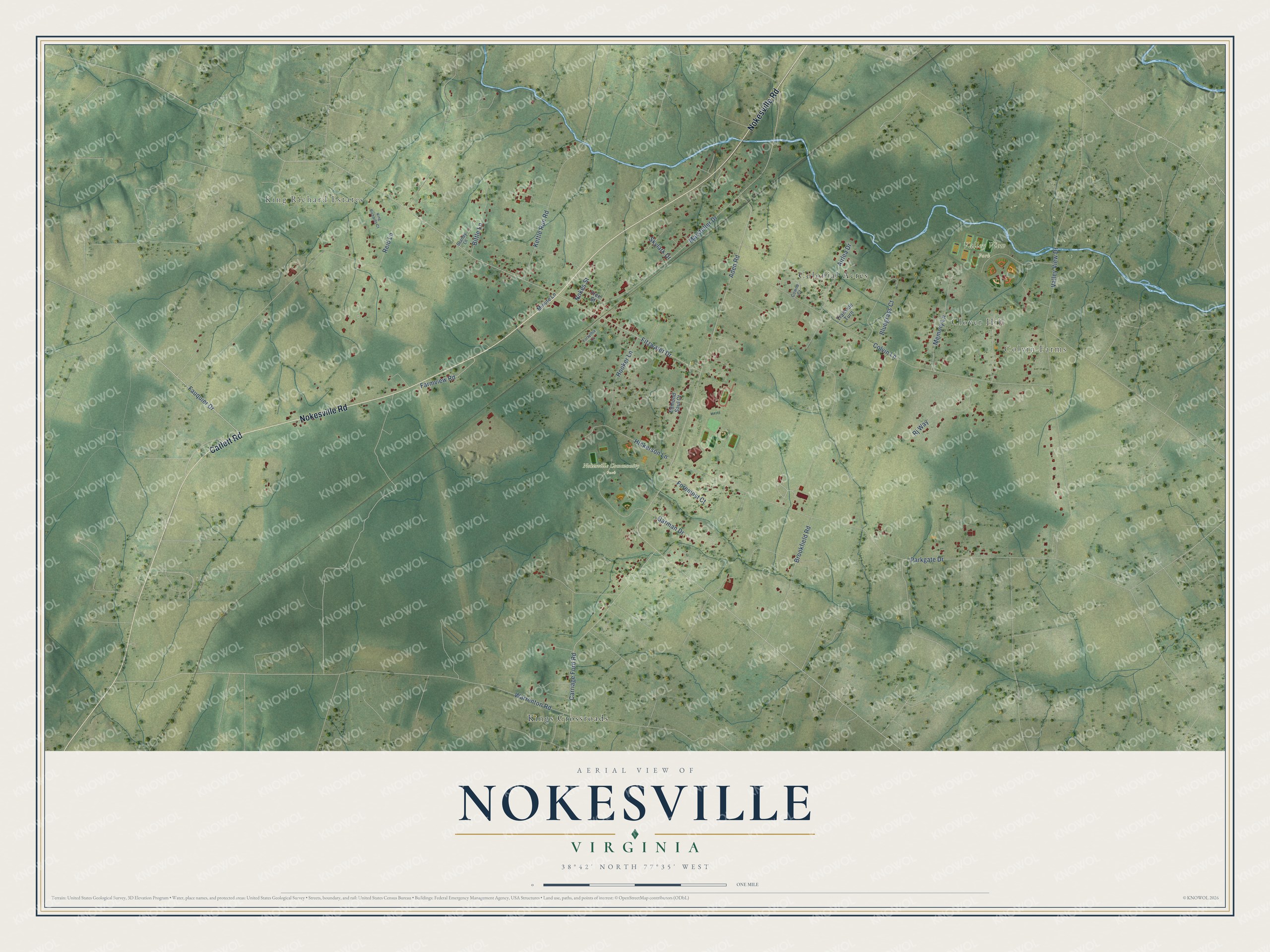 Full map of Nokesville, Virginia, with red buildings, printed street names and the land around them