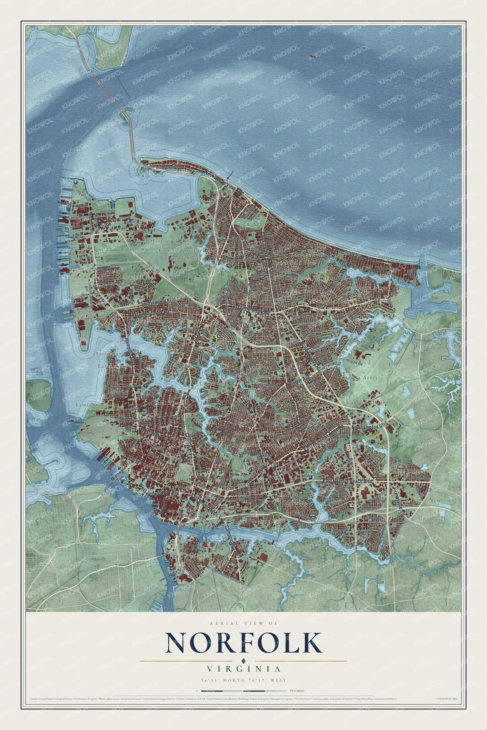 Full map of Norfolk, Virginia, with red buildings, printed street names and the land around them