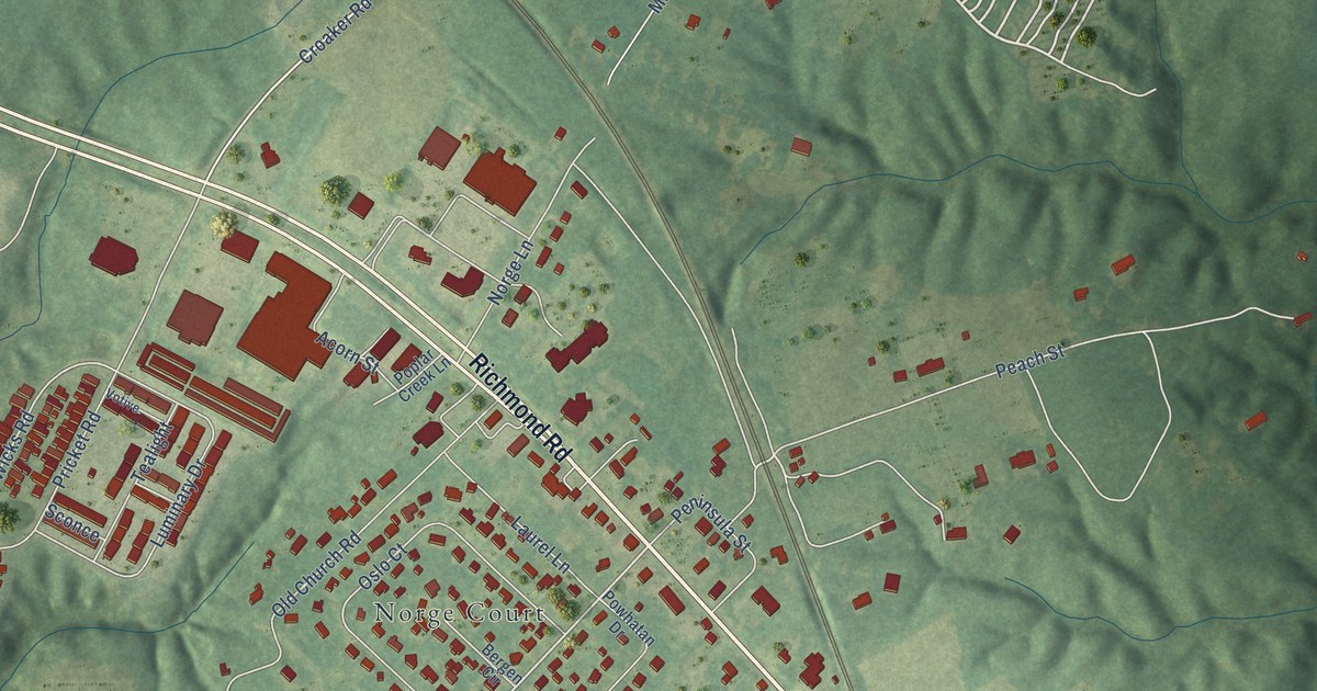 Close-up of streets and buildings in Norge, Virginia