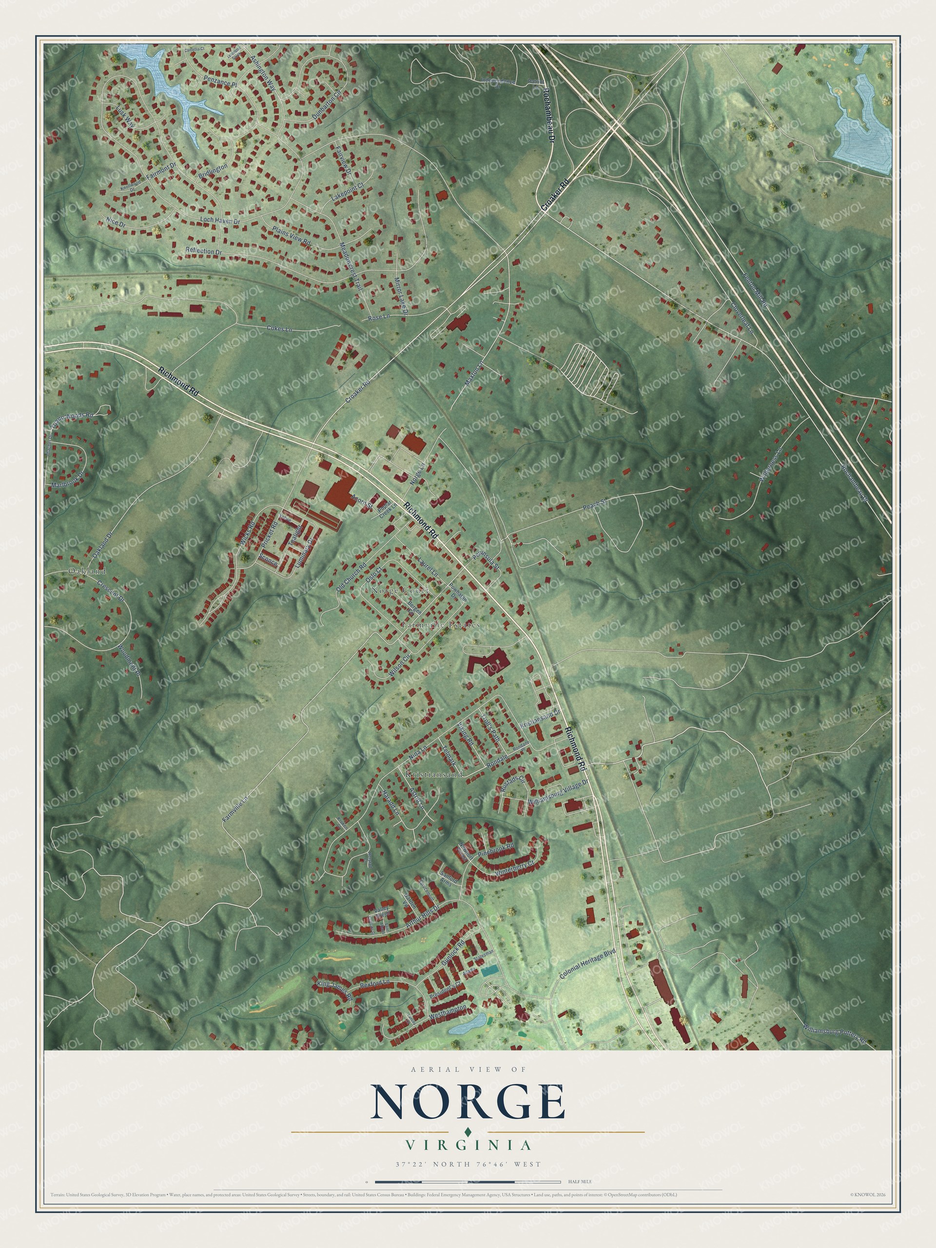 Full map of Norge, Virginia, with red buildings, printed street names and the land around them