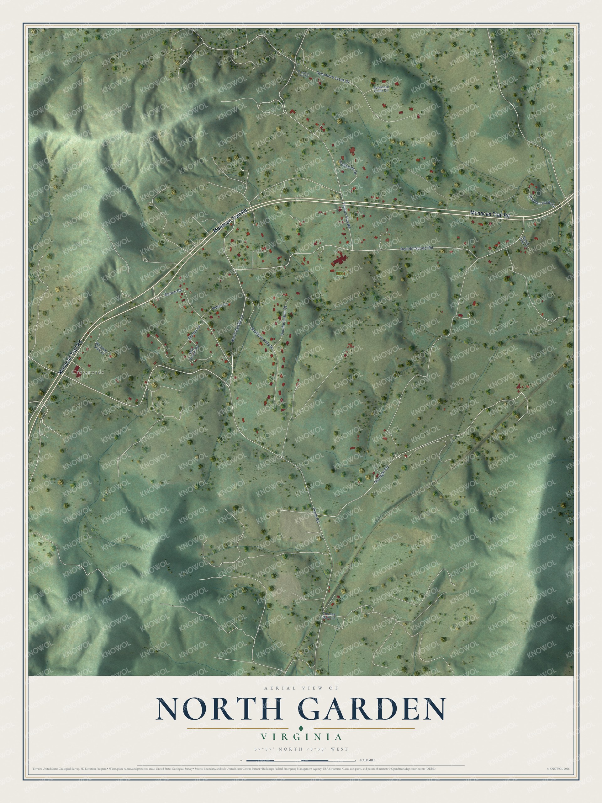Full map of North Garden, Virginia, with red buildings, printed street names and the land around them