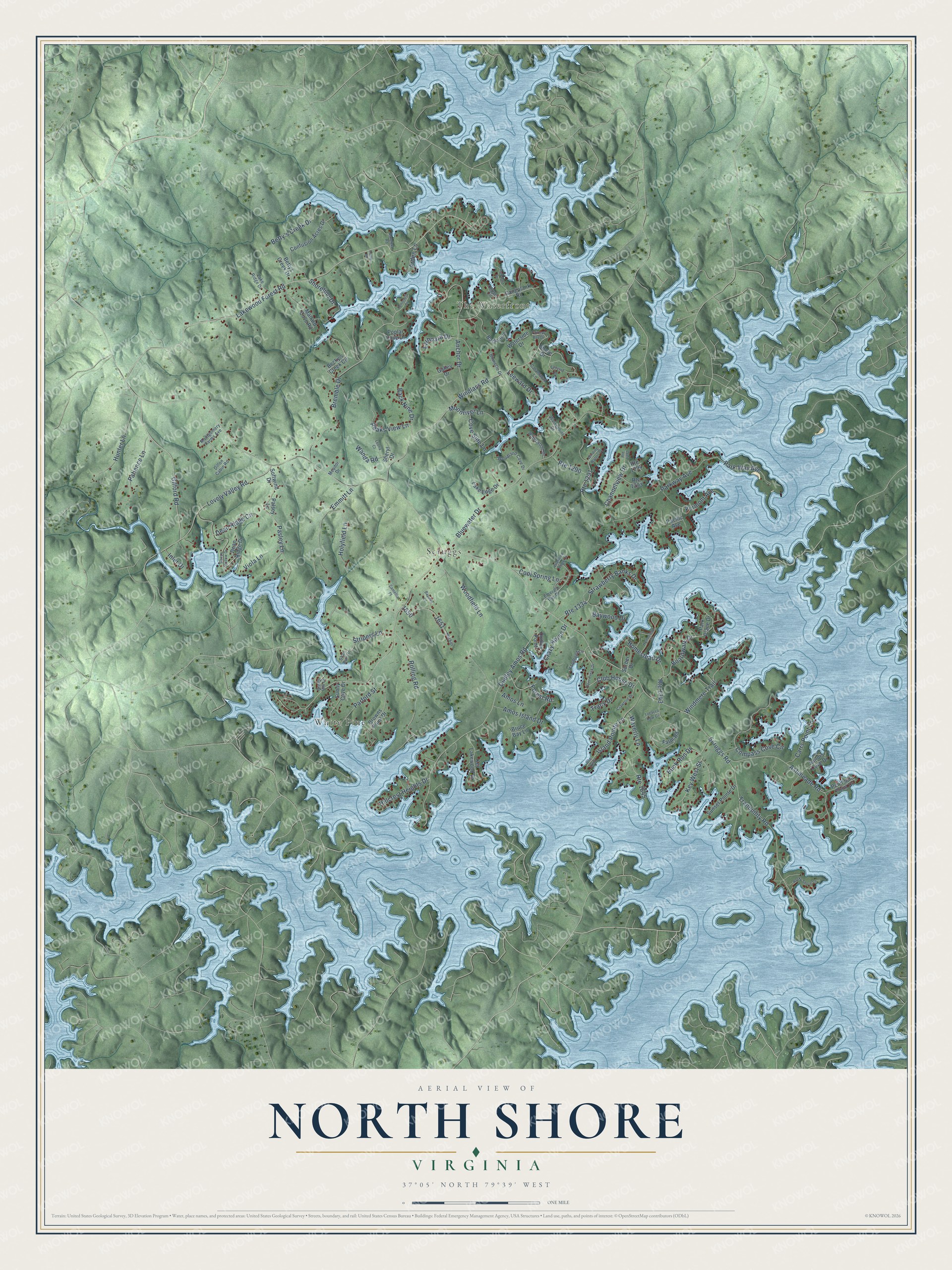 Full map of North Shore, Virginia, with red buildings, printed street names and the land around them