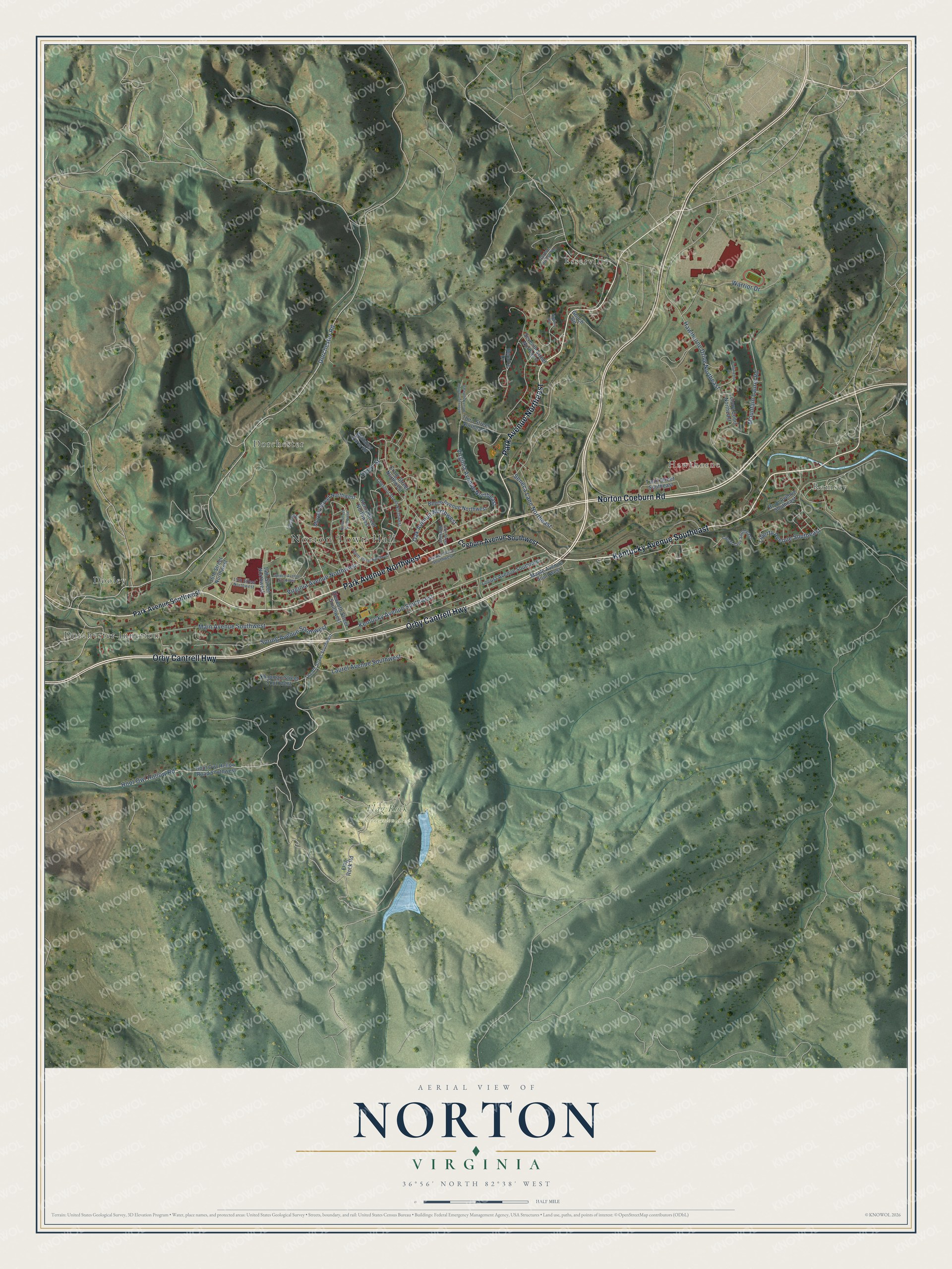 Full map of Norton, Virginia, with red buildings, printed street names and the land around them