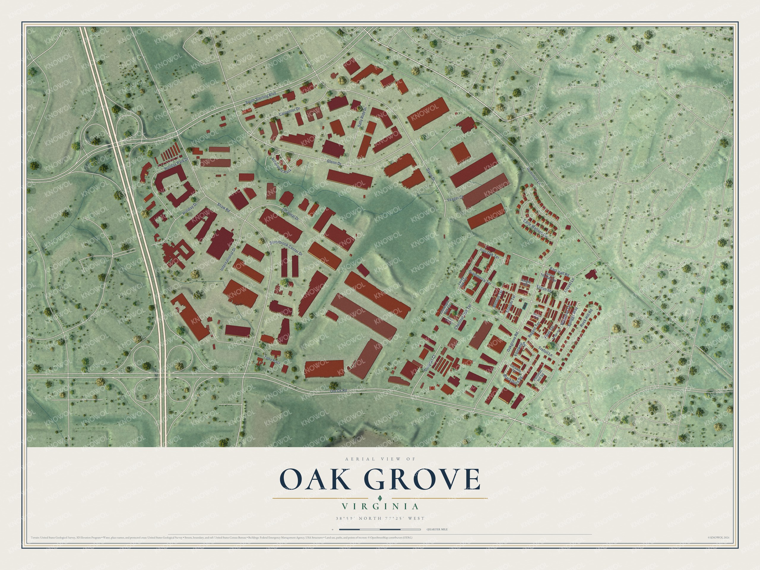 Full map of Oak Grove, Virginia, with red buildings, printed street names and the land around them