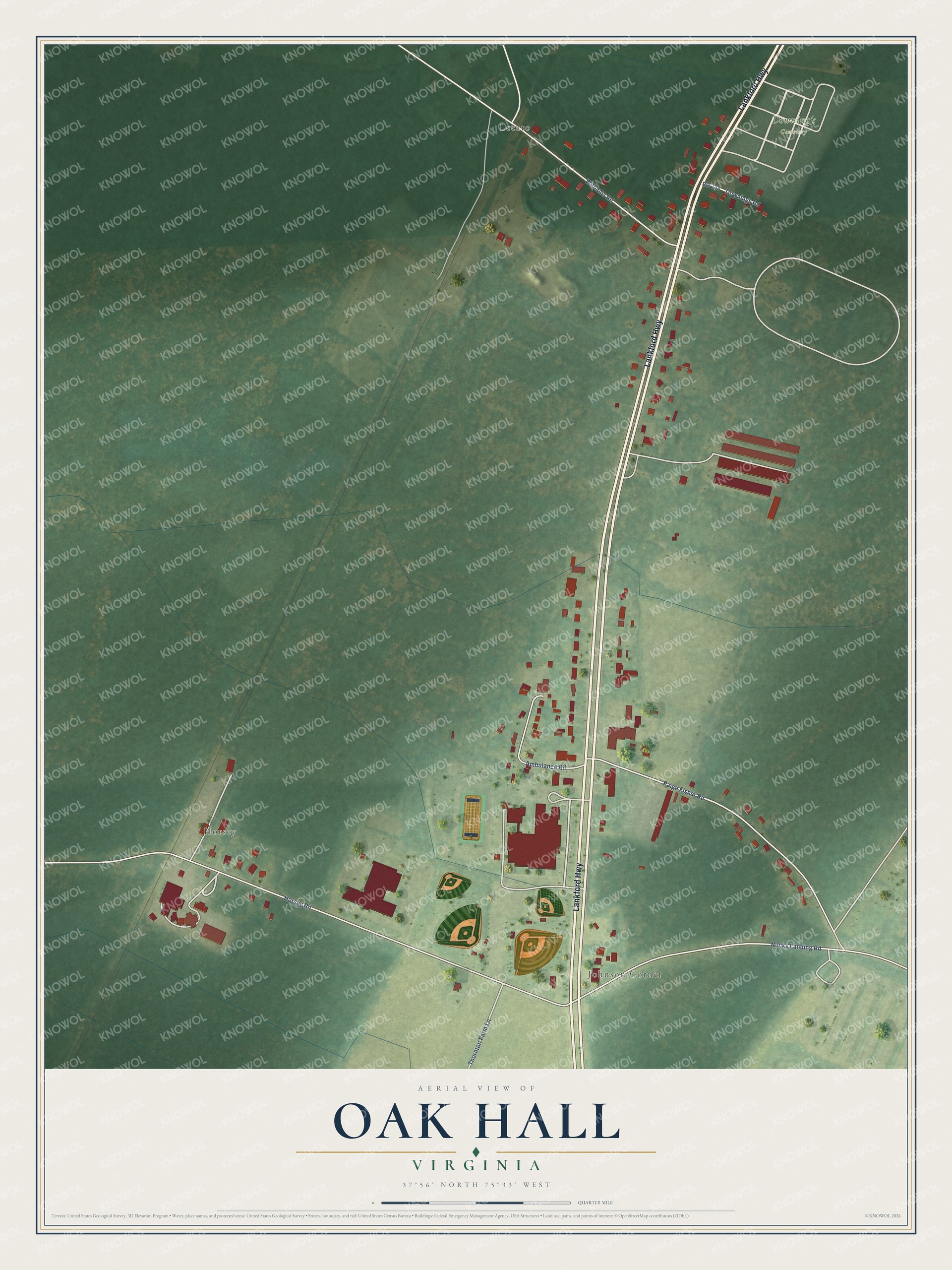 Full map of Oak Hall, Virginia, with red buildings, printed street names and the land around them