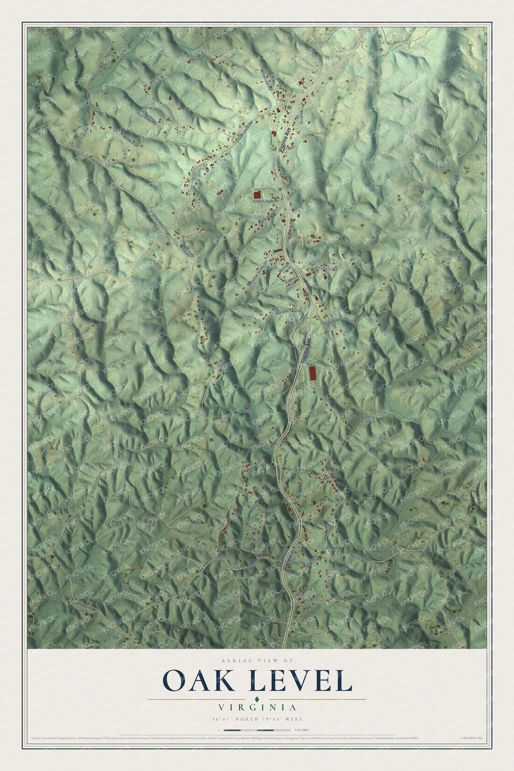 Full map of Oak Level, Virginia, with red buildings, printed street names and the land around them