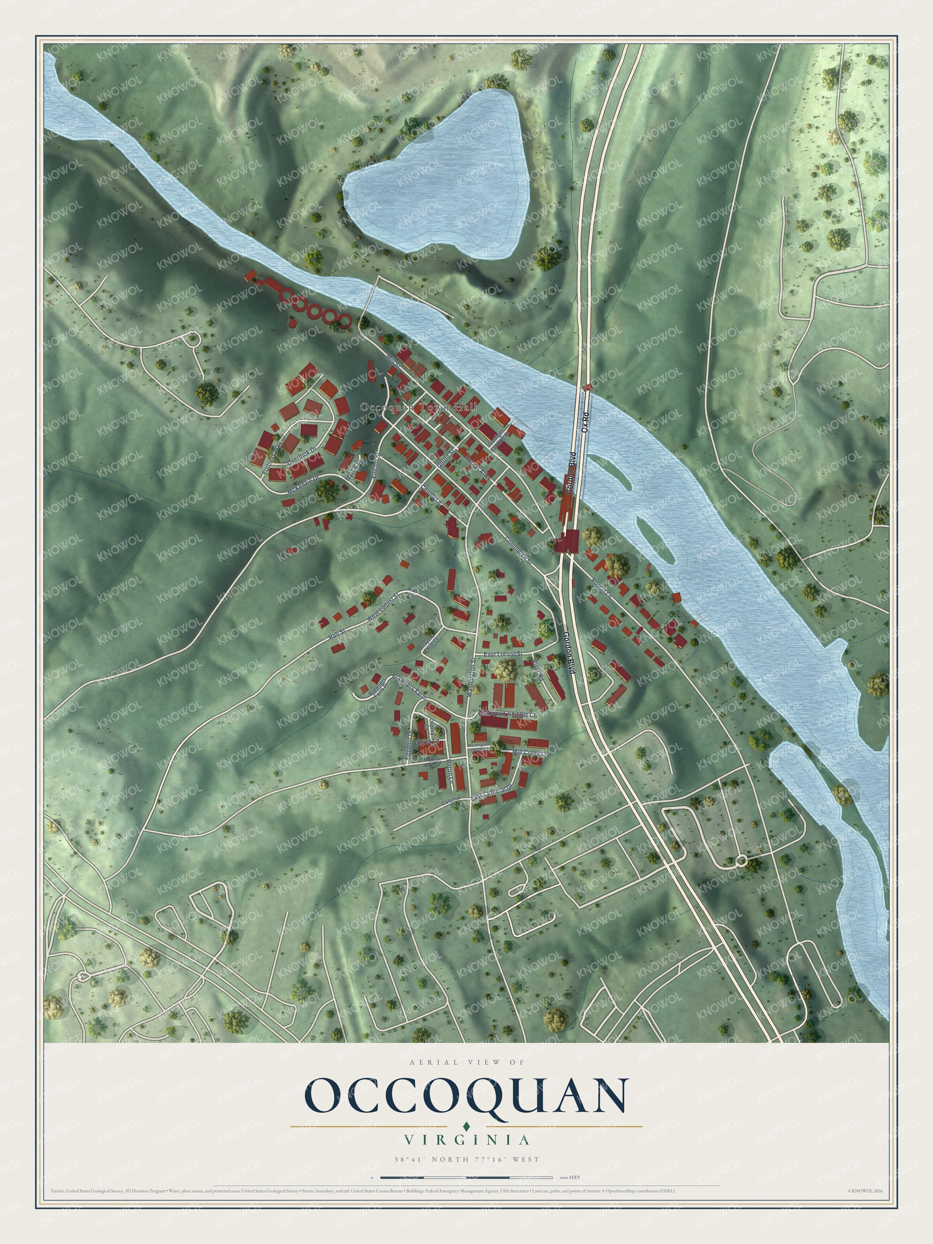 Full map of Occoquan, Virginia, with red buildings, printed street names and the land around them