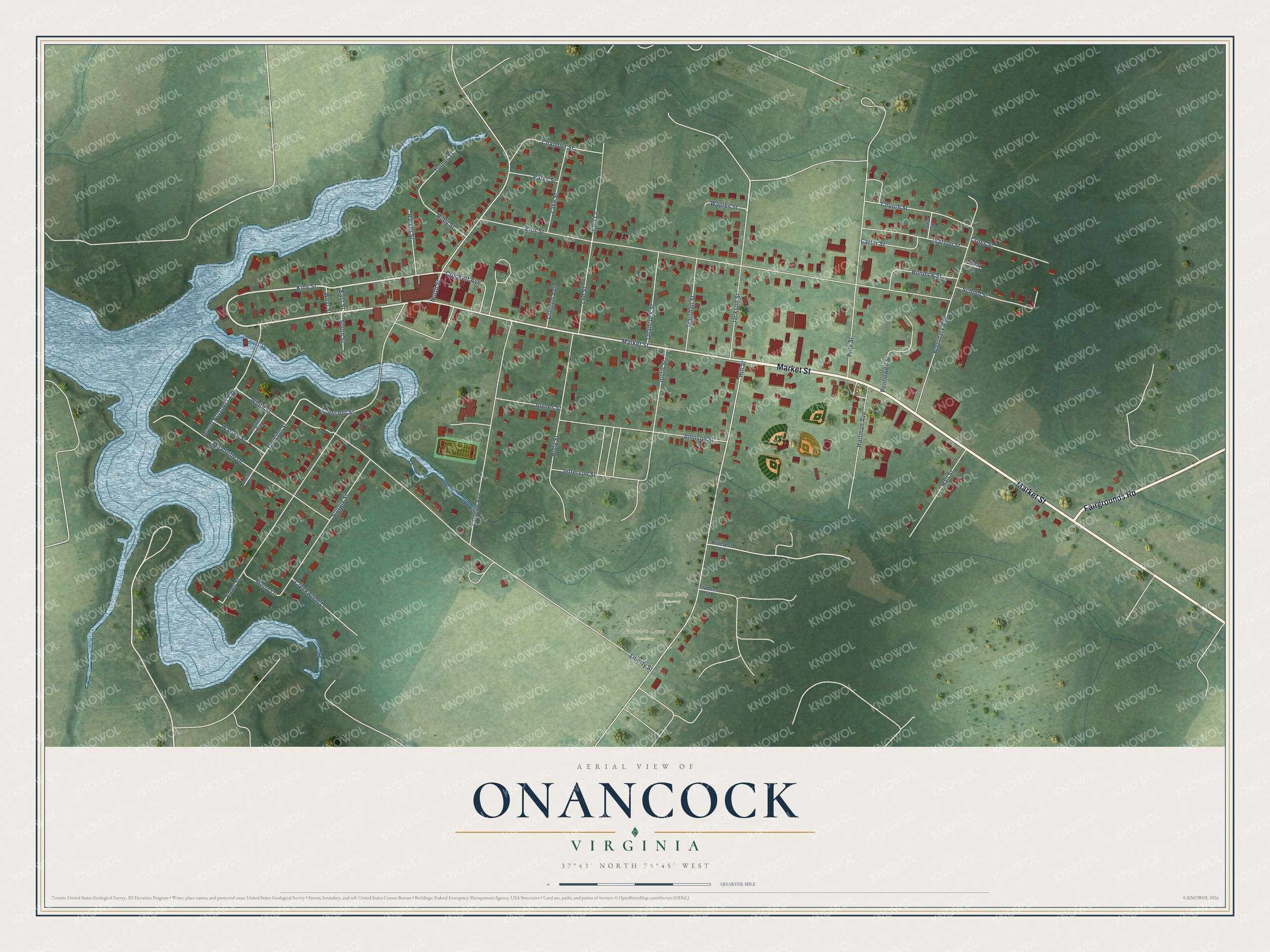 Full map of Onancock, Virginia, with red buildings, printed street names and the land around them