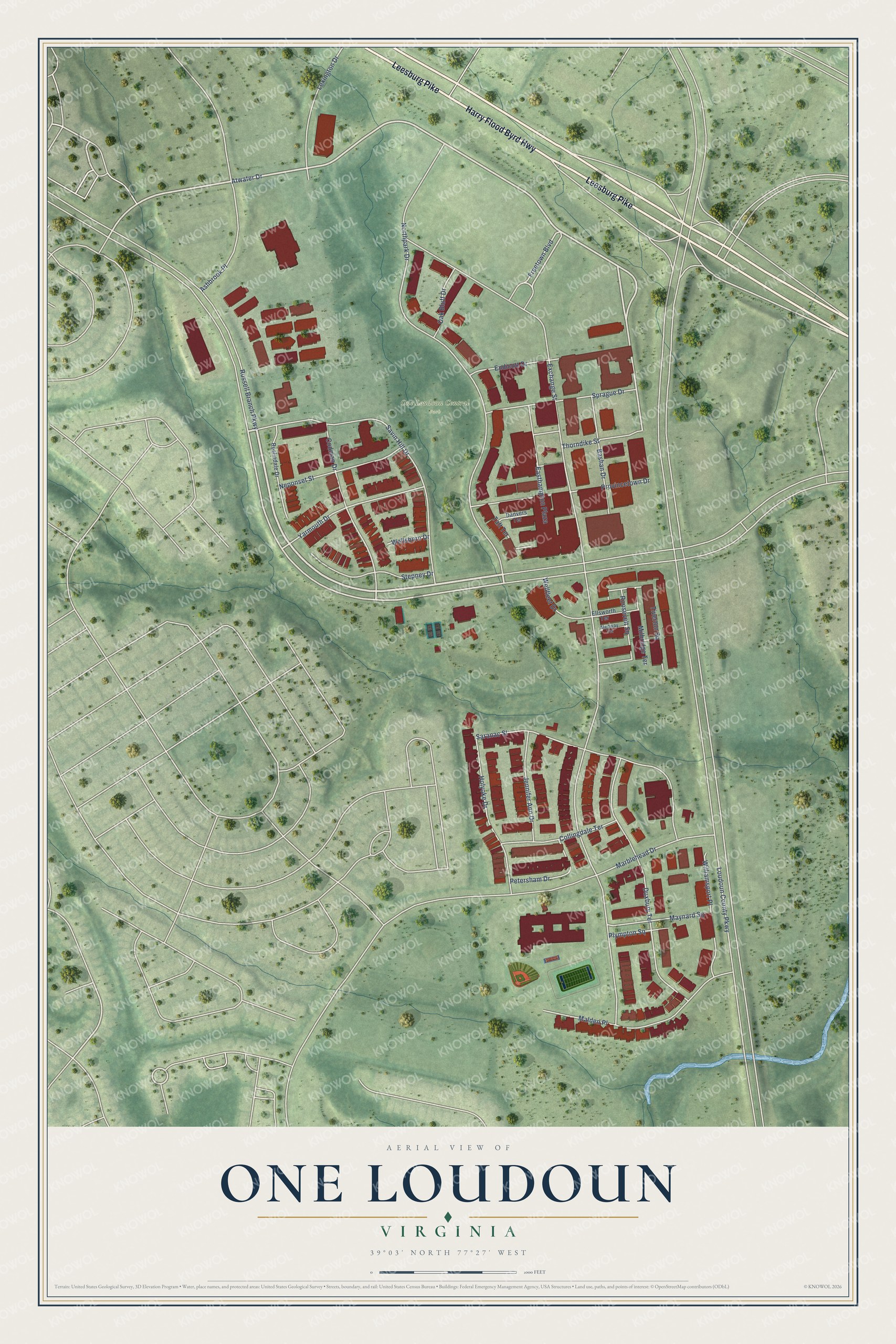 Full map of One Loudoun, Virginia, with red buildings, printed street names and the land around them